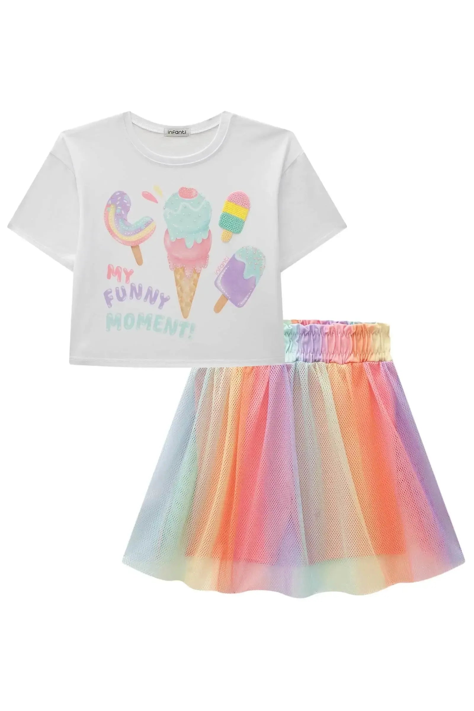 Conjunto de Blusa Boxy Over em Meia Malha e Saia em Tela. Com Shorts Embutido 83459 Infanti Infantil Menina