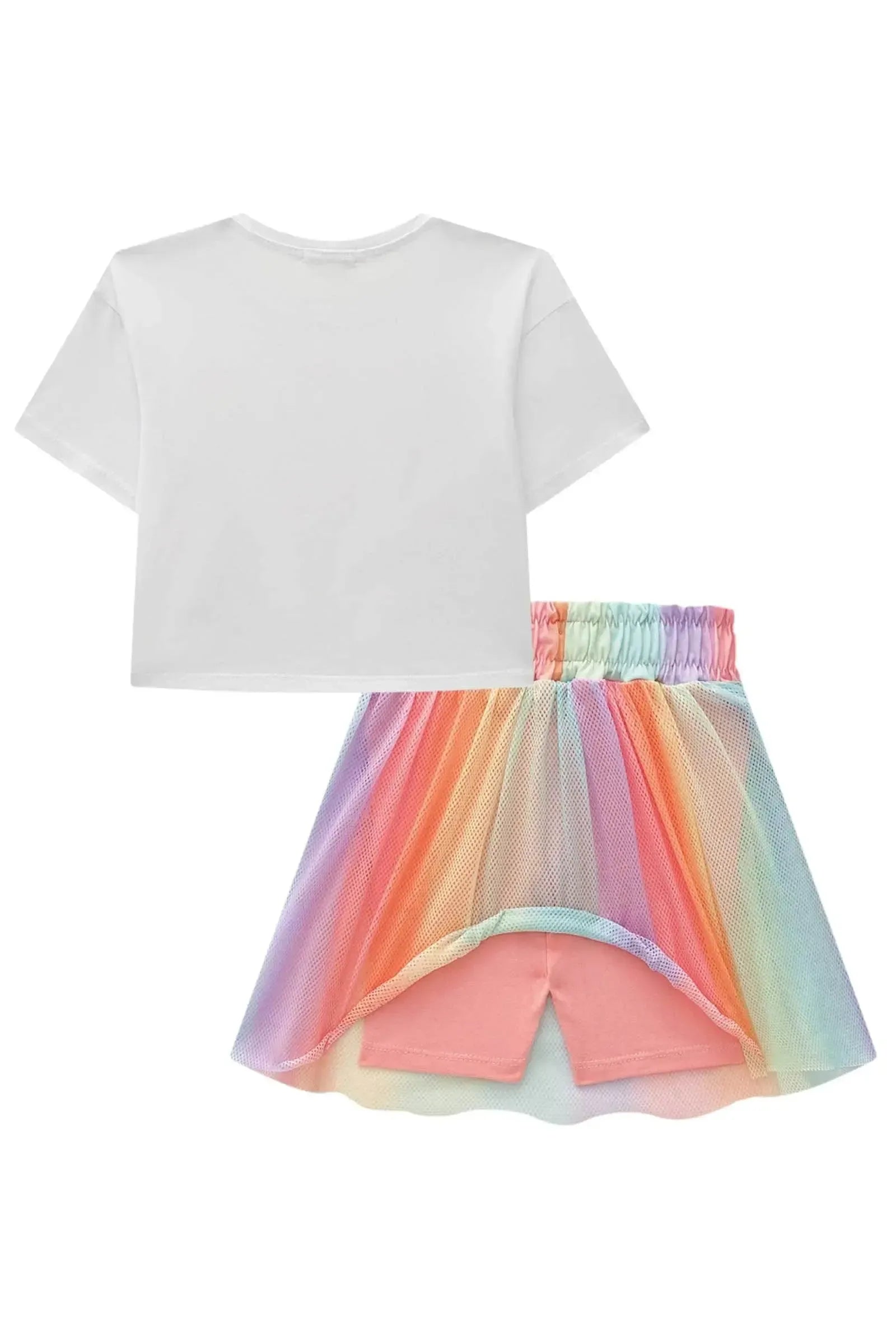 Conjunto de Blusa Boxy Over em Meia Malha e Saia em Tela. Com Shorts Embutido 83459 Infanti Infantil Menina