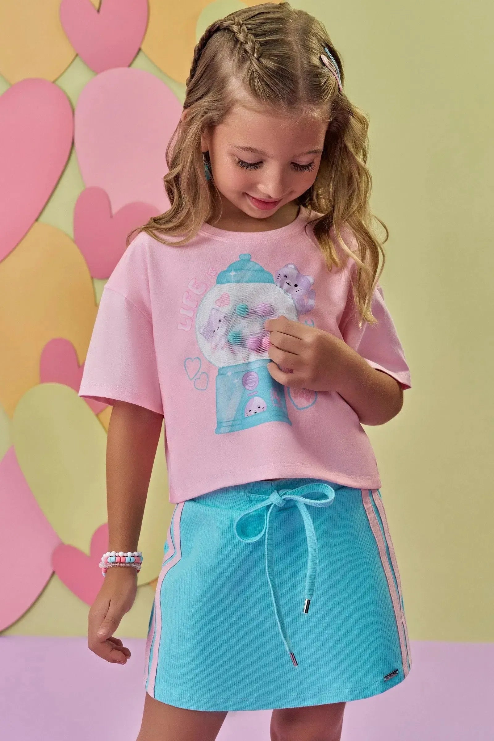 Conjunto de Blusa Boxy Over em Meia Malha e Short Saia em Canelado Liz 87185 Infanti Infantil Menina