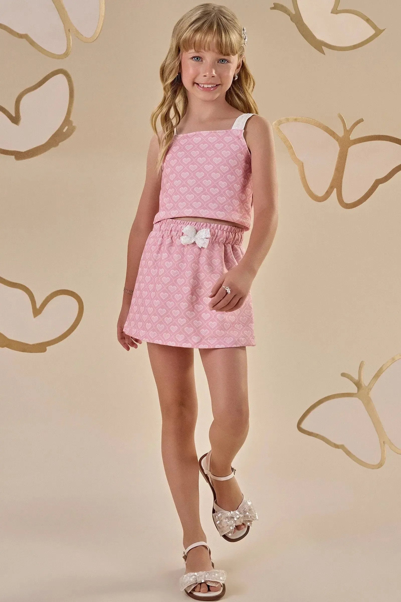 Conjunto de Blusa Cropped e Short Saia em Molecotton 88124 Infanti Infantil Menina