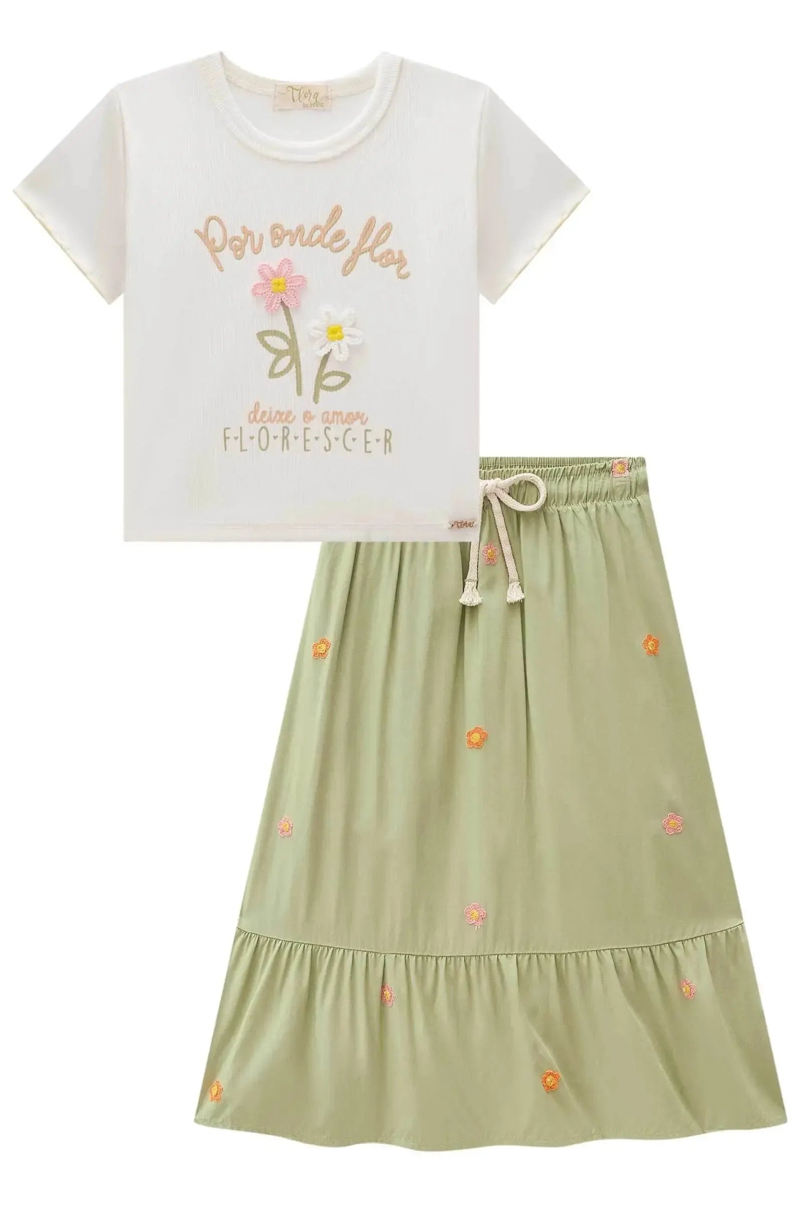 Conjunto de Blusa Cropped em Canelado Liz com Saia Midi em Viscose Bordado Flores 86847 Infanti Infantil Menina