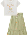 Conjunto de Blusa Cropped em Canelado Liz com Saia Midi em Viscose Bordado Flores 86847 Infanti Infantil Menina