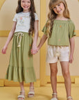 Conjunto de Blusa Cropped em Canelado Liz com Saia Midi em Viscose Bordado Flores 86847 Infanti Infantil Menina