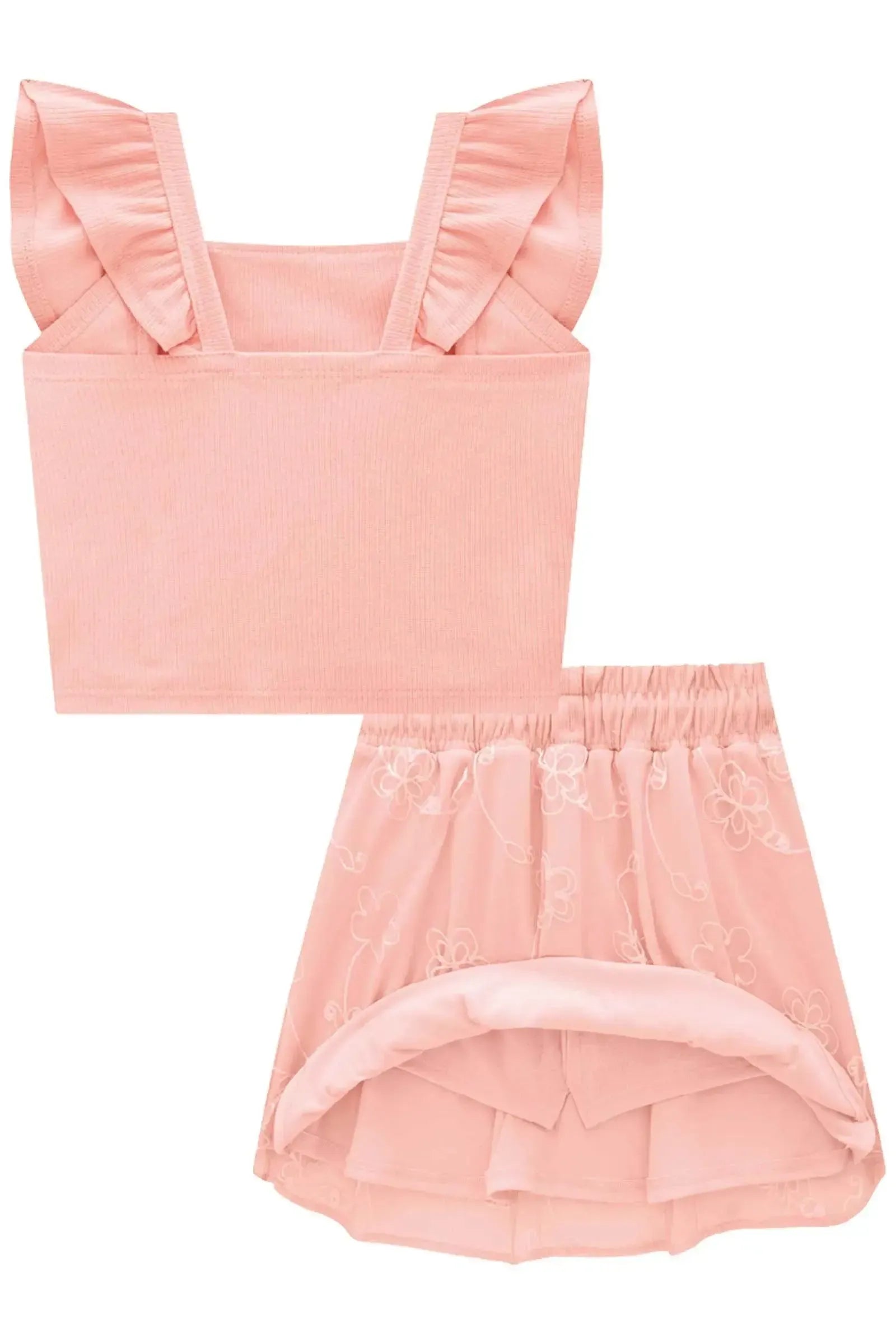 Conjunto de Blusa Cropped em Canelado Liz e Saia em Tule Bordado com Shorts Embutido 88753 Infanti Infantil Menina