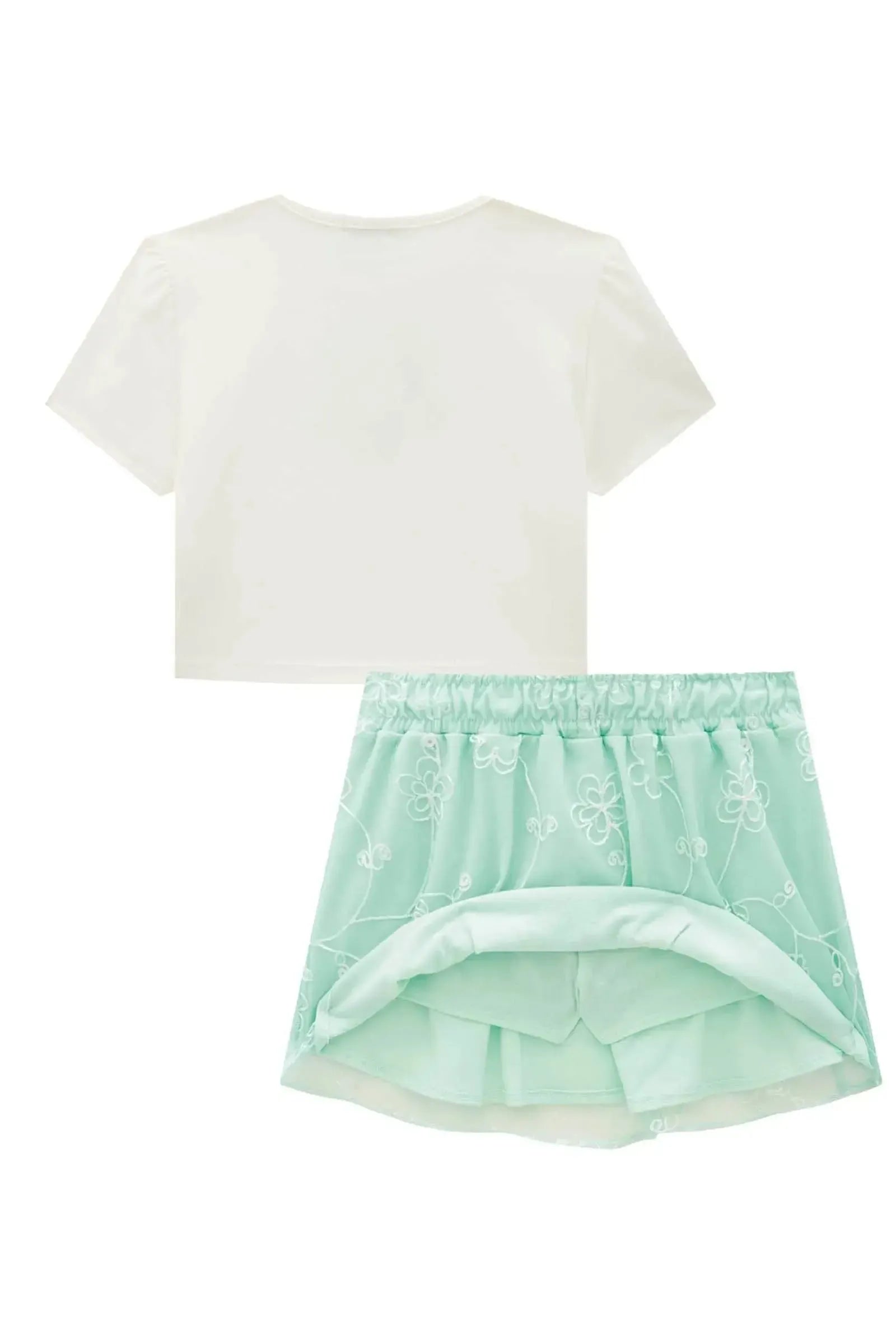Conjunto de Blusa Cropped em Cotton e Saia em Tule Bordado com Shorts Embutido 87417 Infanti Infantil Menina