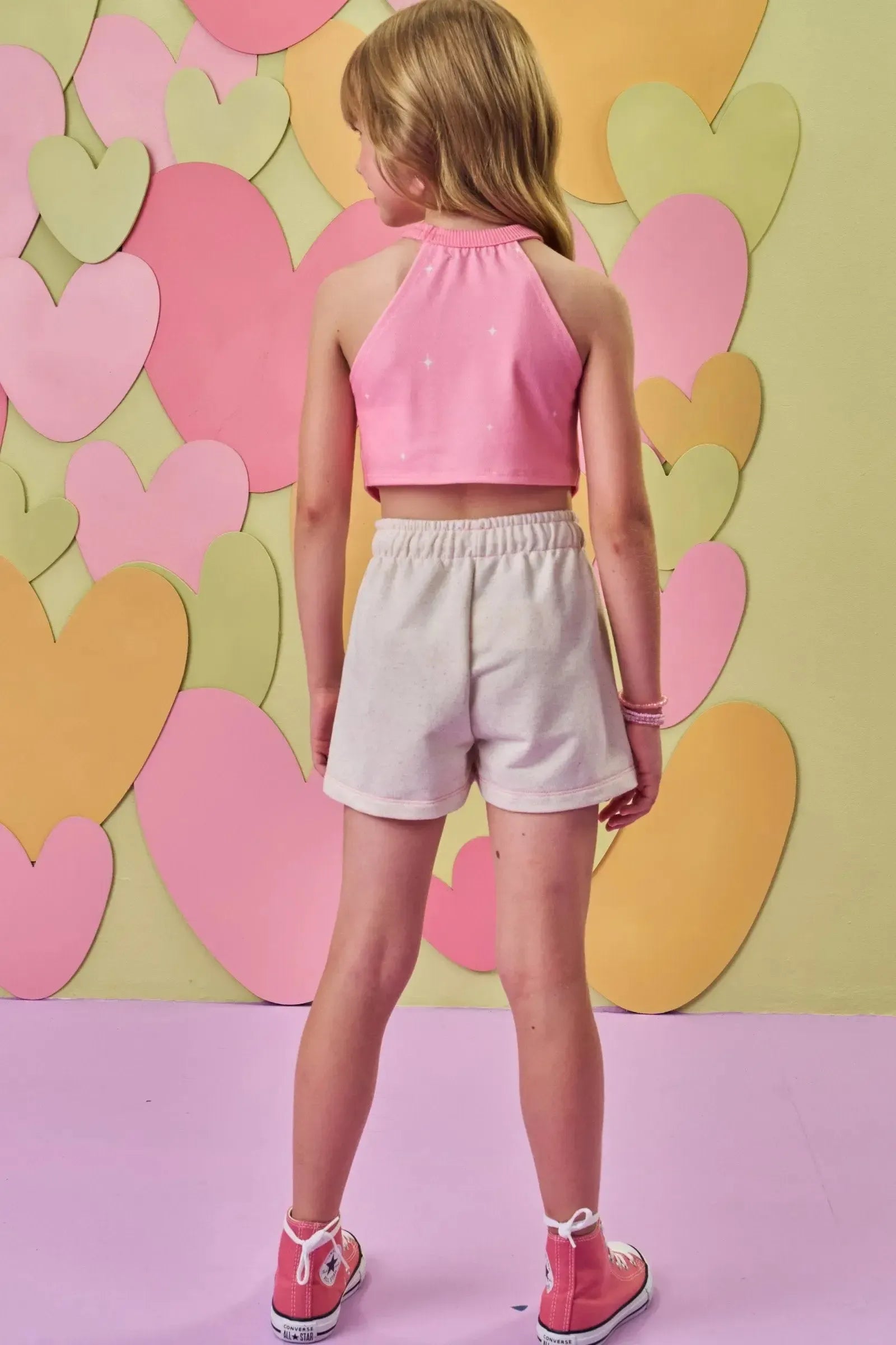 Conjunto de Blusa Cropped em Malha Power e Shorts em Moletom Linho sem Pelucia 87188 Infanti Infantil Menina