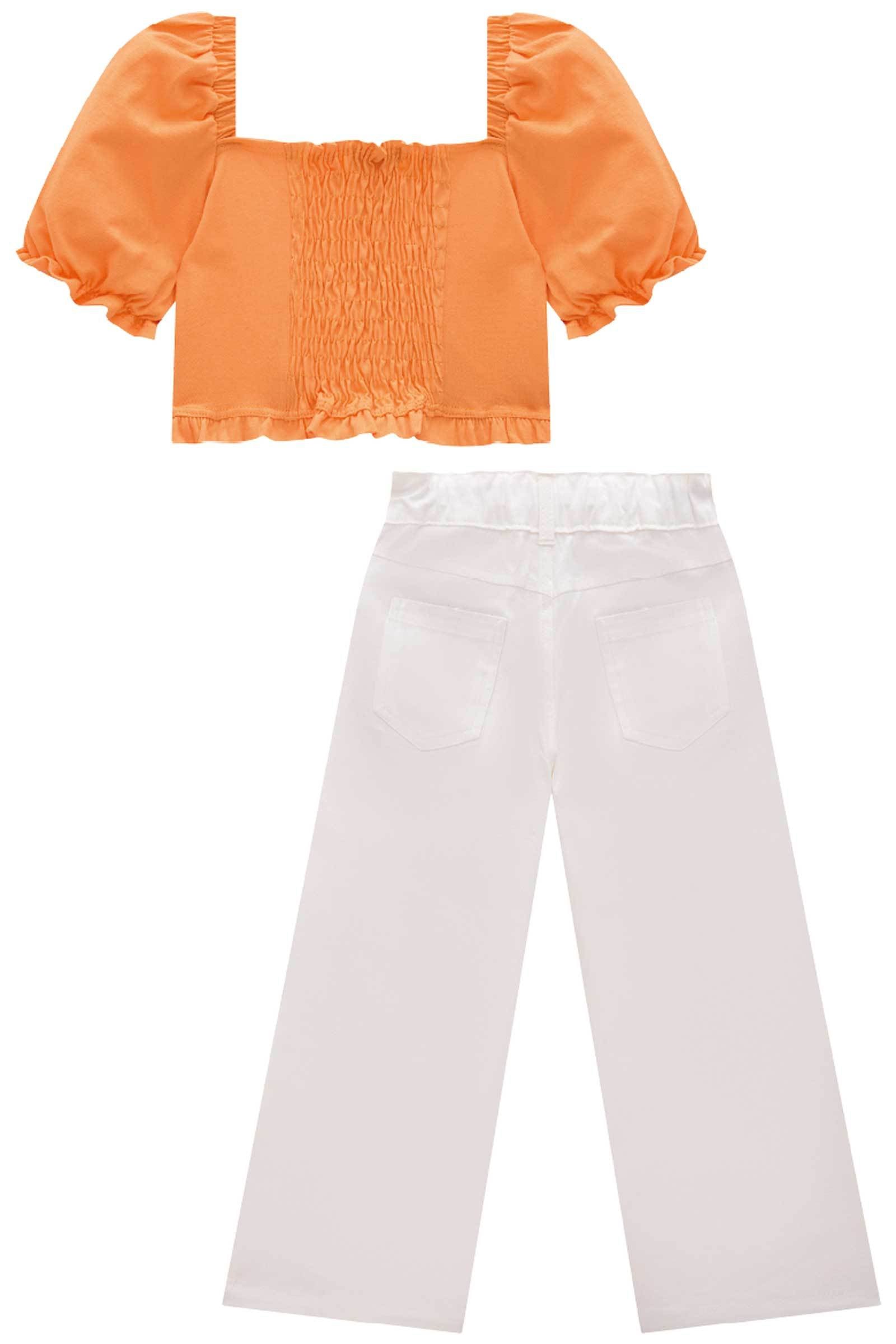 Conjunto de Blusa Cropped em Meia Malha com Calça Cropped em Sarja Onix com Elastano 74639 Infanti