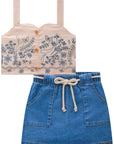 Conjunto de Blusa Cropped em New Linox e Short Saia em Jeans Bellini com Elastano 78623 Infanti