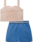 Conjunto de Blusa Cropped em New Linox e Short Saia em Jeans Bellini com Elastano 78623 Infanti