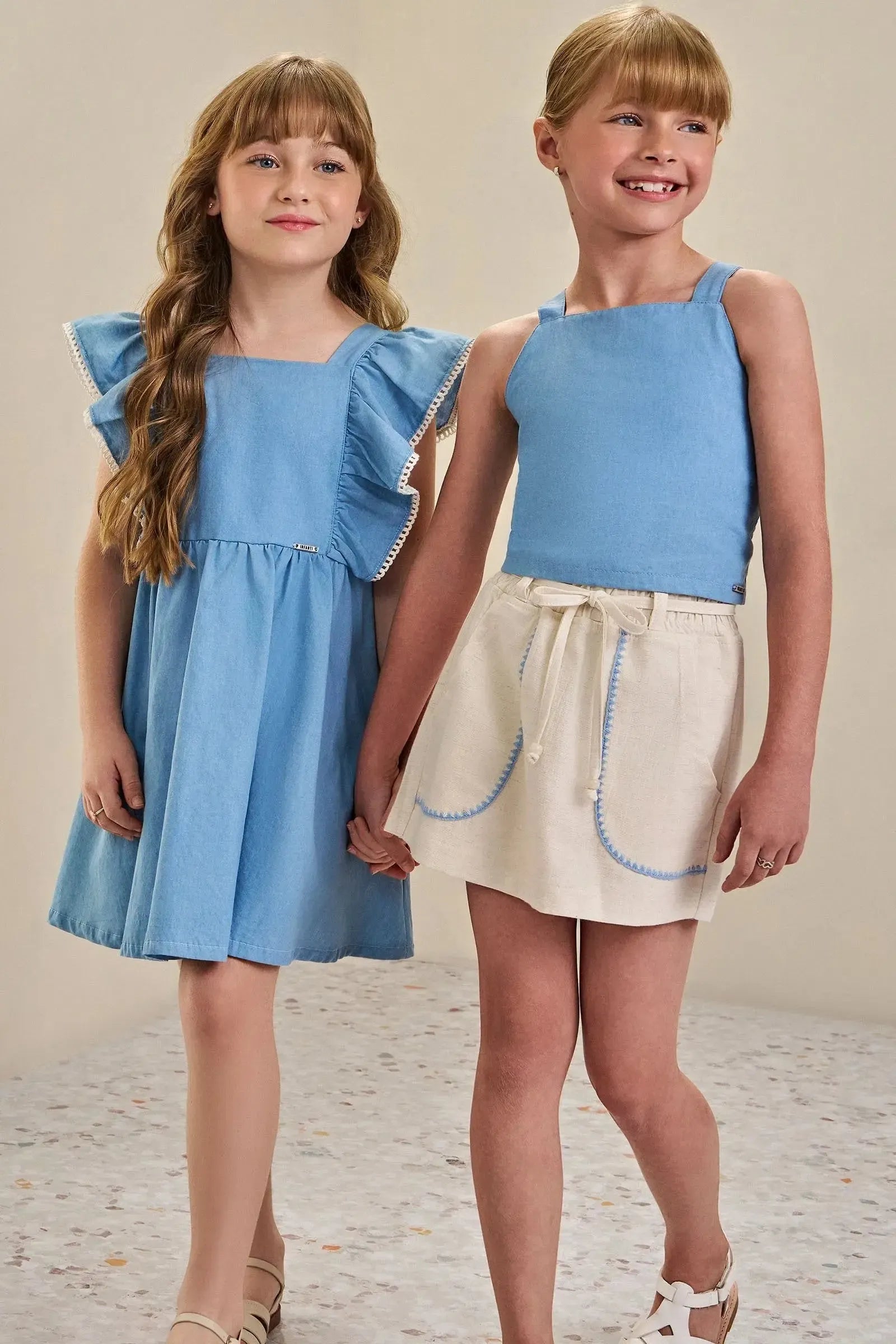 Conjunto de Blusa Cropped em Tecido Light Chambray e Short Saia em Linho com Elastano 84583 Infanti Infantil Menina