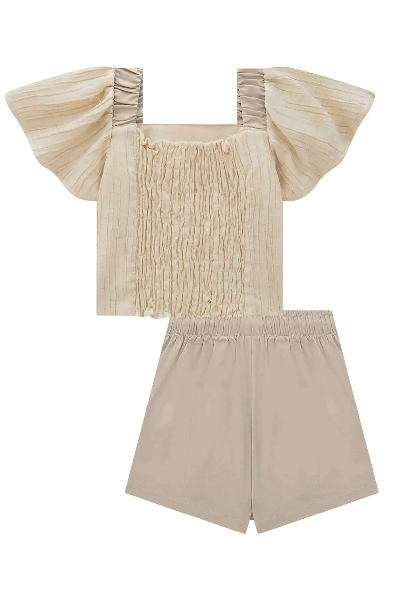 Conjunto de Blusa Cropped em Tecido Plissado e Short Saia em Tricoline com Elastano 88154 Infanti Infantil Menina