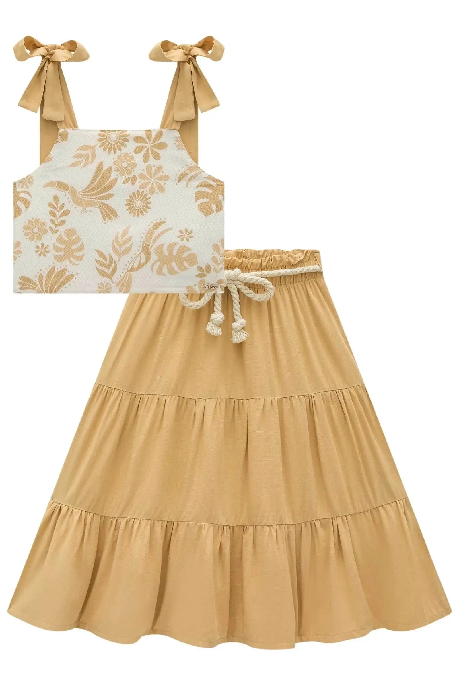 Conjunto de Blusa Cropped em Tecido Texturizado com Saia Midi em Viscose 85699 Infanti Infantil Menina