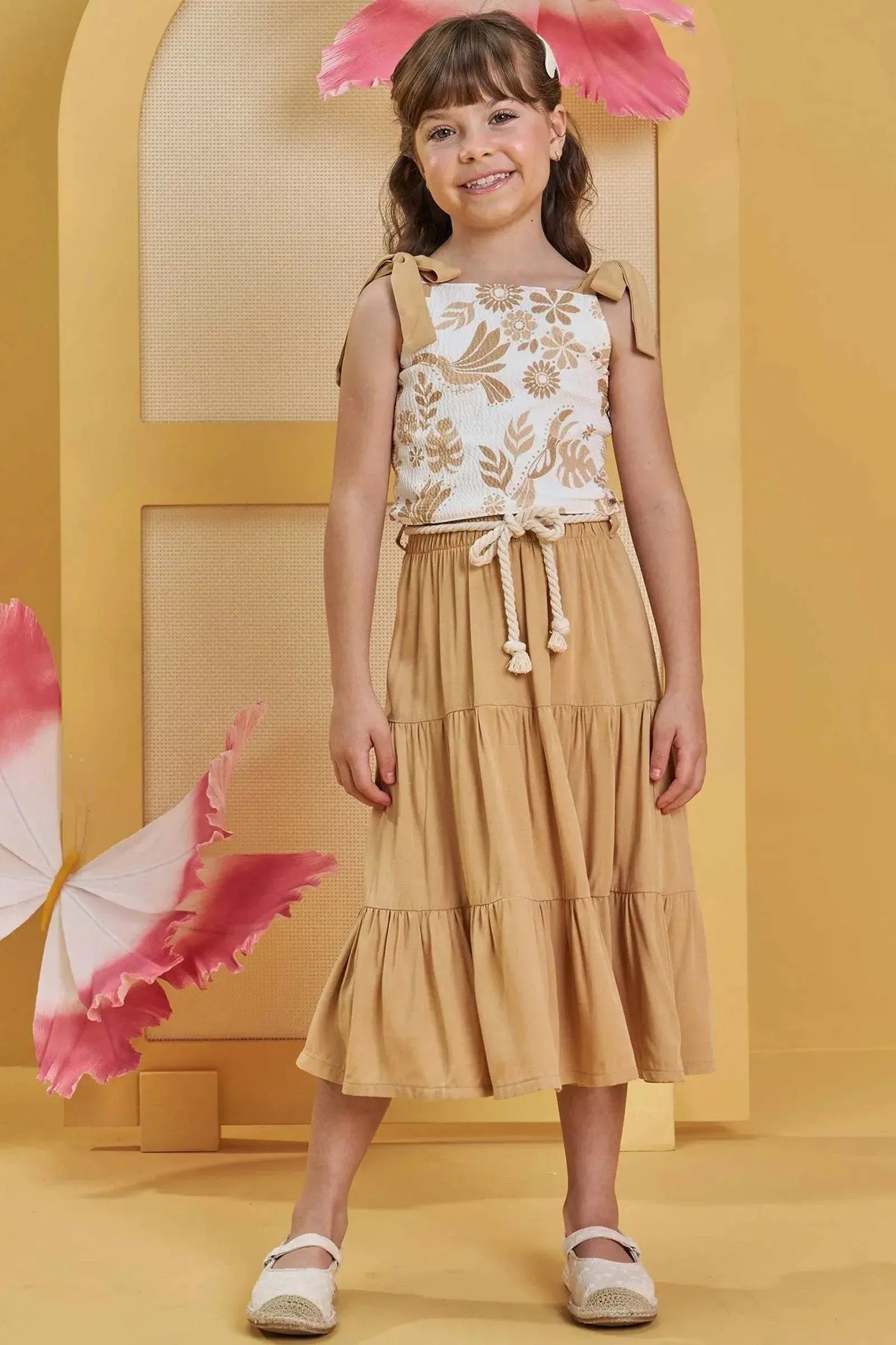 Conjunto de Blusa Cropped em Tecido Texturizado com Saia Midi em Viscose 85699 Infanti Infantil Menina