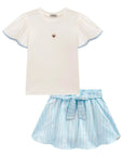 Conjunto de Blusa em Canelado e Tricoline e Saia em Tecido Listrado. Com Shorts Embutido 98361 Infanti Infantil Menina