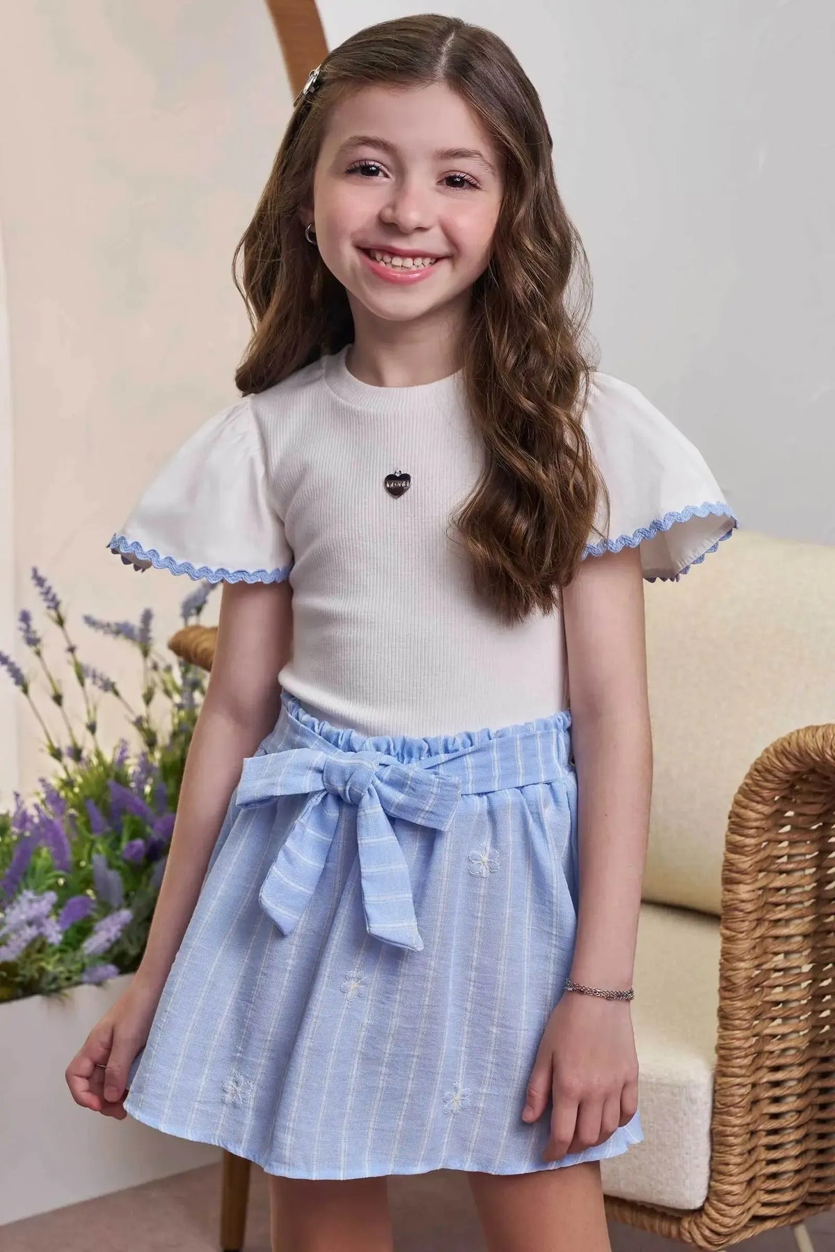 Conjunto de Blusa em Canelado e Tricoline e Saia em Tecido Listrado. Com Shorts Embutido 98361 Infanti Infantil Menina