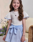 Conjunto de Blusa em Canelado e Tricoline e Saia em Tecido Listrado. Com Shorts Embutido 98361 Infanti Infantil Menina