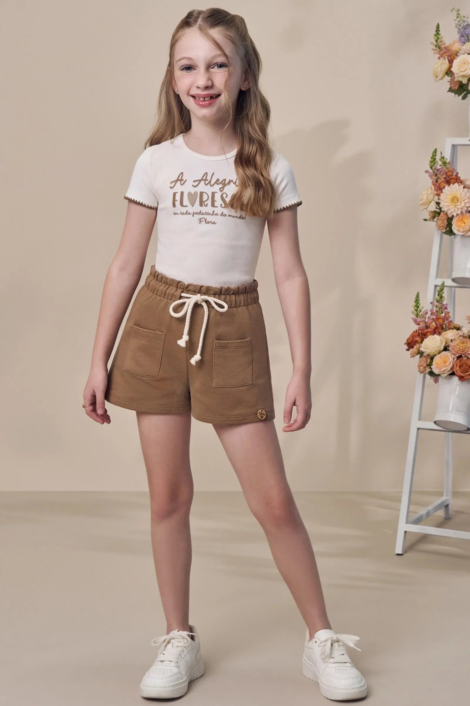 Conjunto de Blusa em Canelado Liz com Shorts em Moletom sem Pelúcia 99166 Infanti Infantil Menina