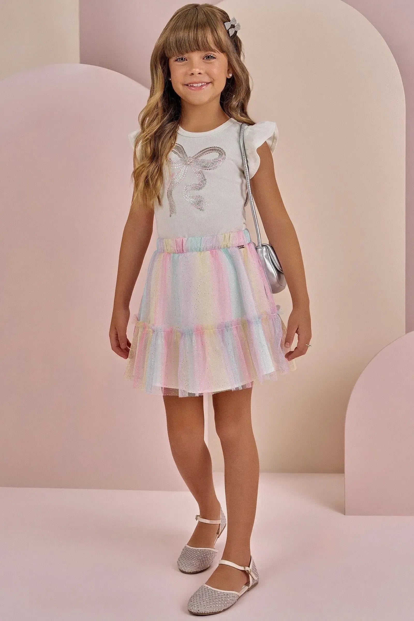 Conjunto de Blusa em Canelado Liz e Saia em Tule Foil Degradê com Shorts Embutido 87409 Infanti Infantil Menina
