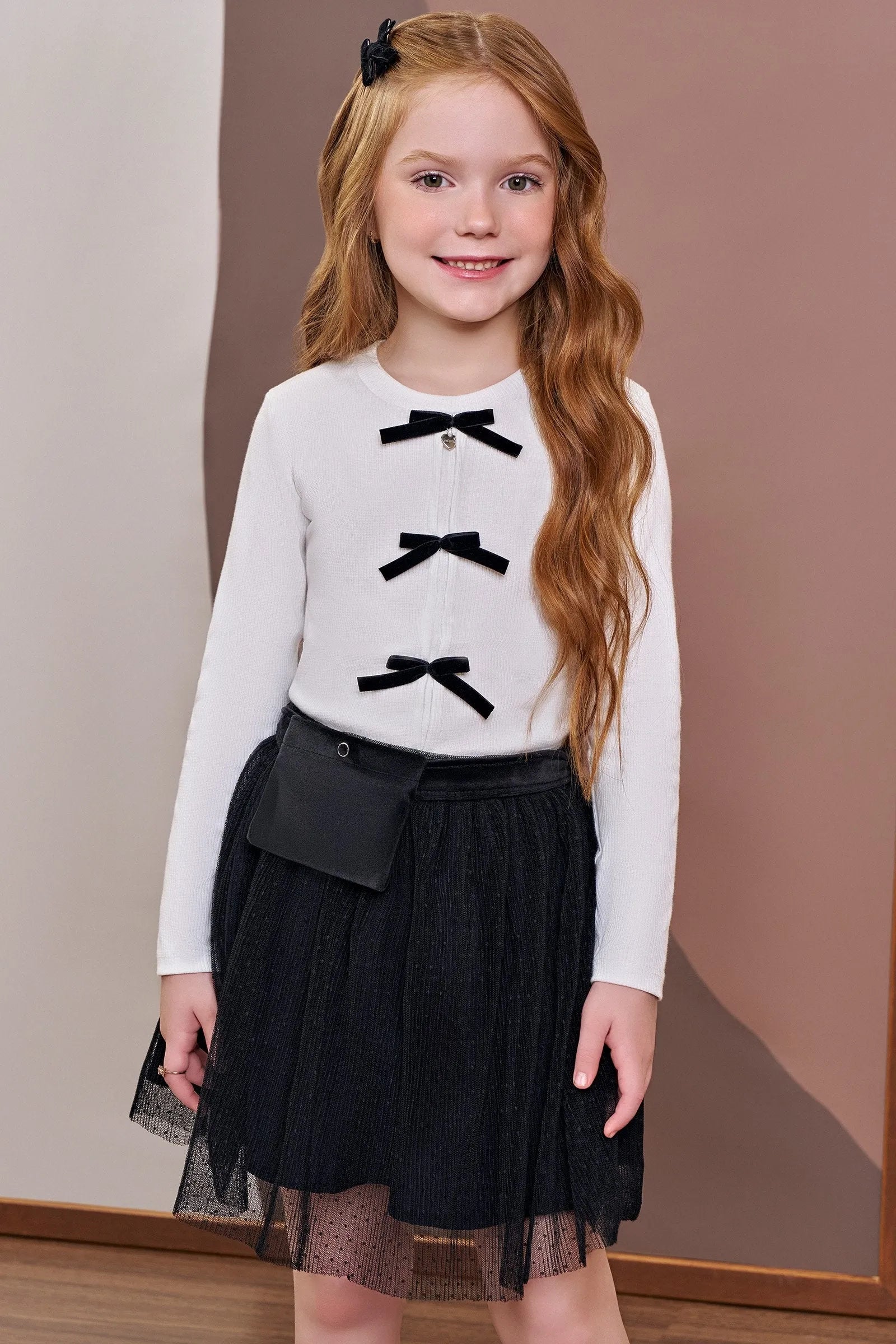 Conjunto de Blusa em Canelado Liz e Saia em Tule Plissado Poá. Com Shorts Embutido 91923 Infanti Infantil Menina