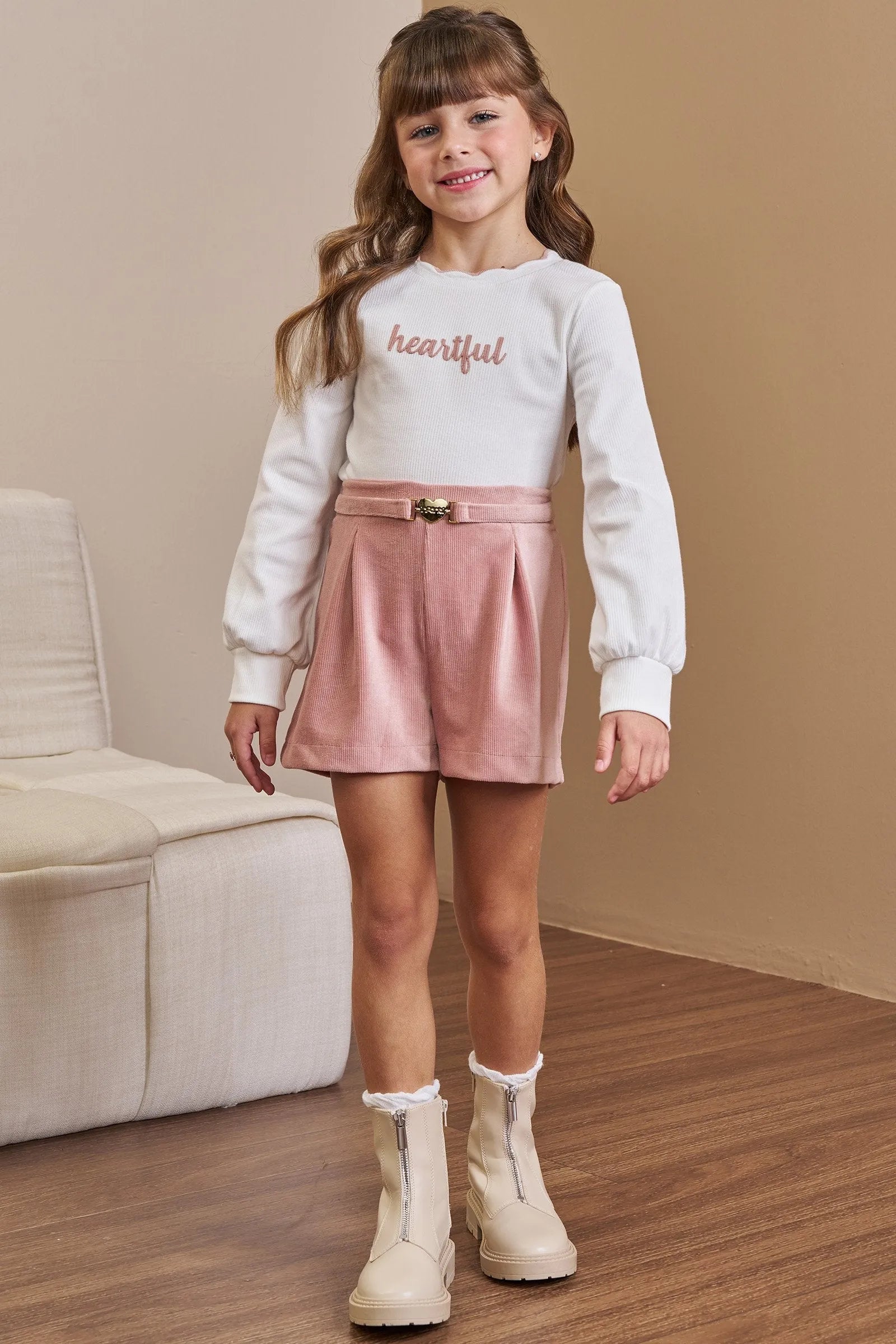 Conjunto de Blusa em Canelado Liz e Shorts em Malha Cotelê 91920 Infanti Infantil Menina