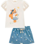 Conjunto de Blusa em Cotton com Shorts em Denim Bordado 98111 Infanti Infantil Menina