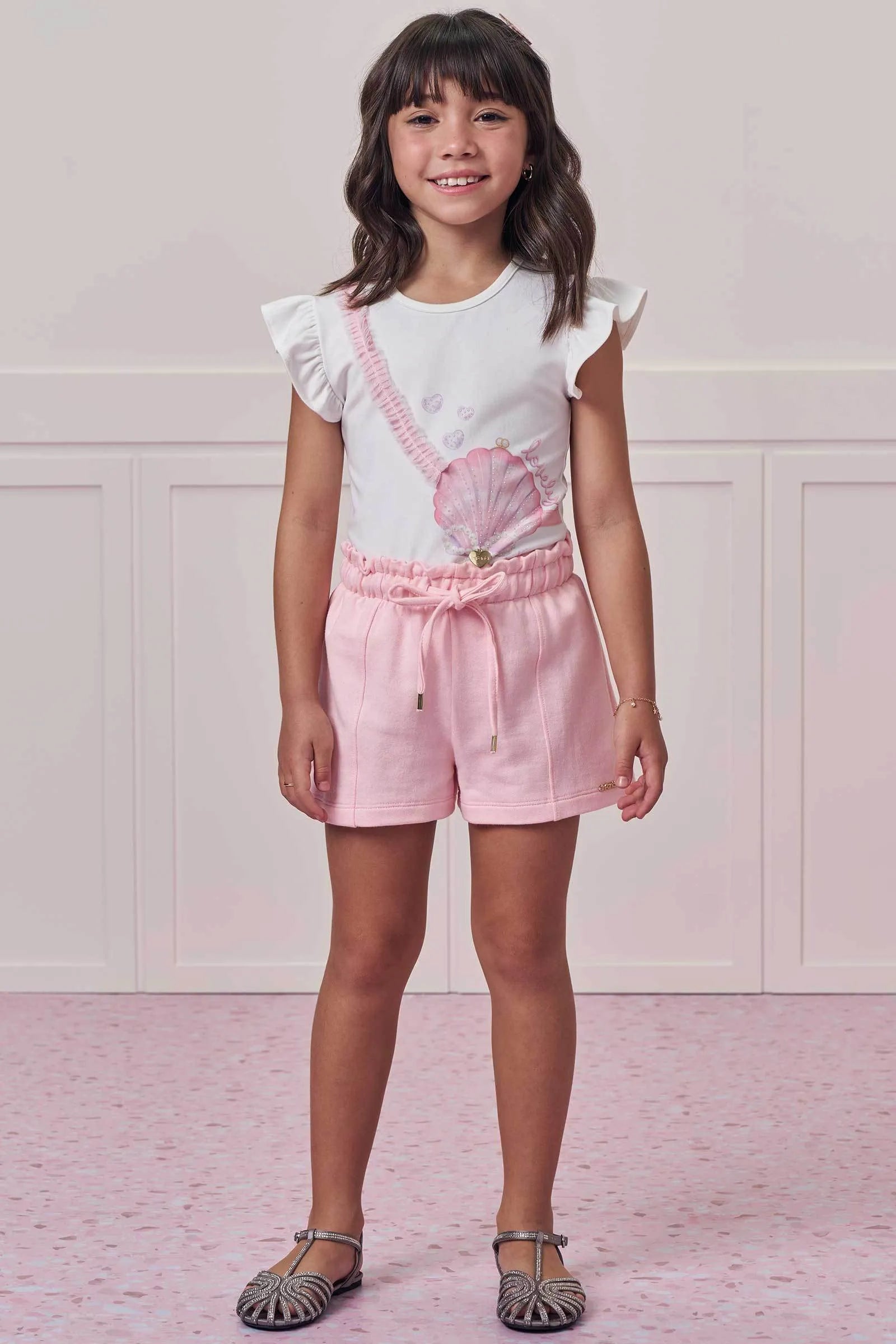 Conjunto de Blusa em Cotton com Shorts em Moletom sem Pelúcia 99400 Infanti Infantil Menina