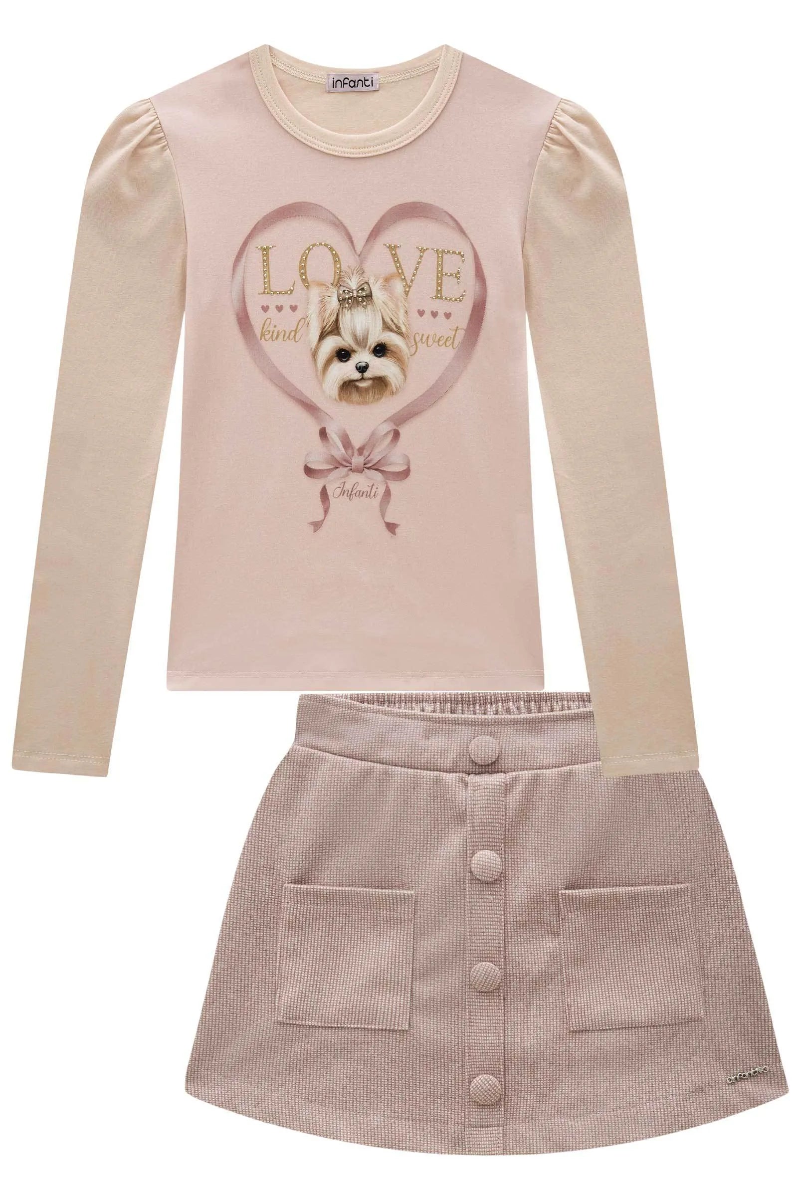 Conjunto de Blusa em Cotton e Saia em Lã Batida com Shorts Embutido 92193 Infanti Infantil Menina