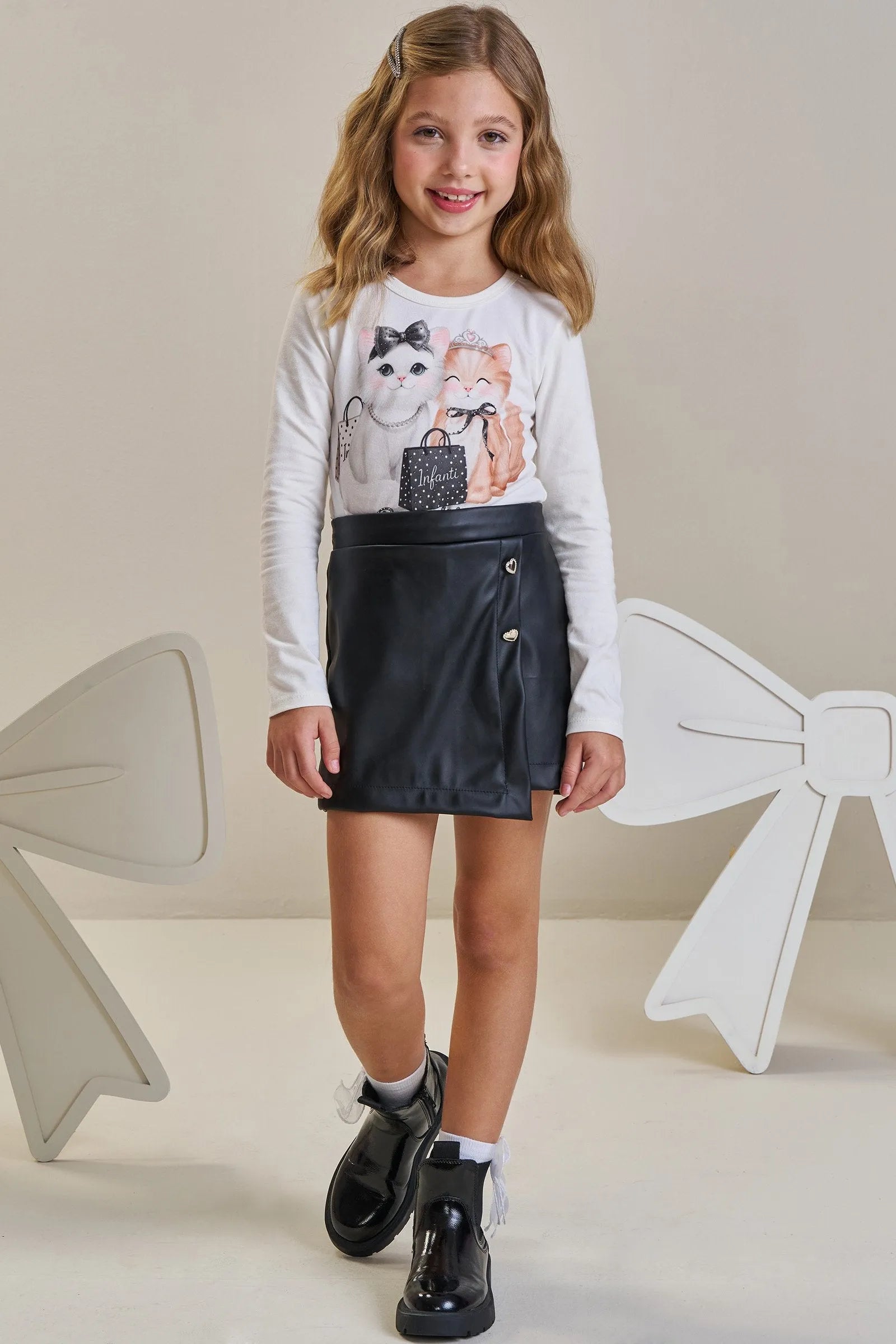 Conjunto de Blusa em Cotton e Short Saia em Couro Sintético 93612 Infanti Infantil Menina