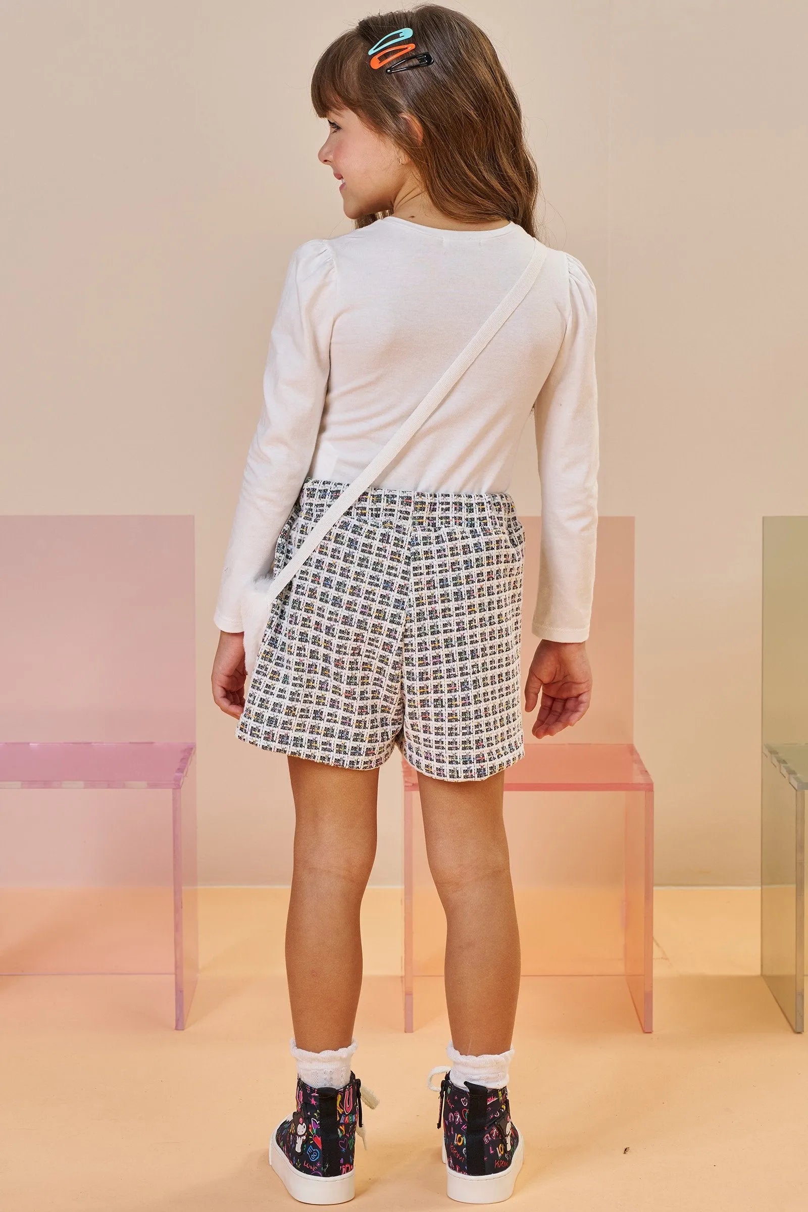 Conjunto de Blusa em Cotton e Short Saia em Malha Jacquard Kim. Acompanha Bolsa em Pelo 92677 Infanti Infantil Menina