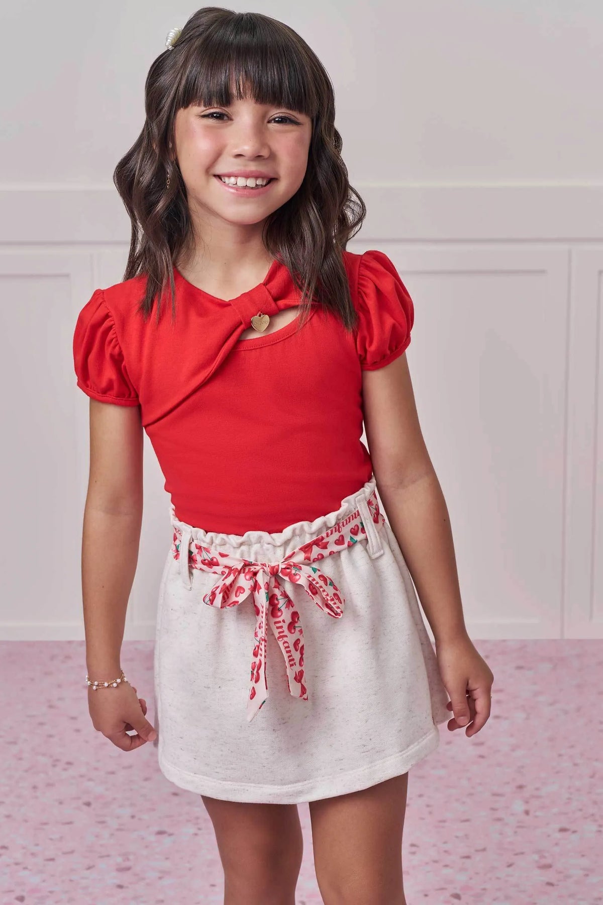 Conjunto de Blusa em Cotton e Short Saia em Moletom Linho sem Pelúcia 98988 Infanti Infantil Menina