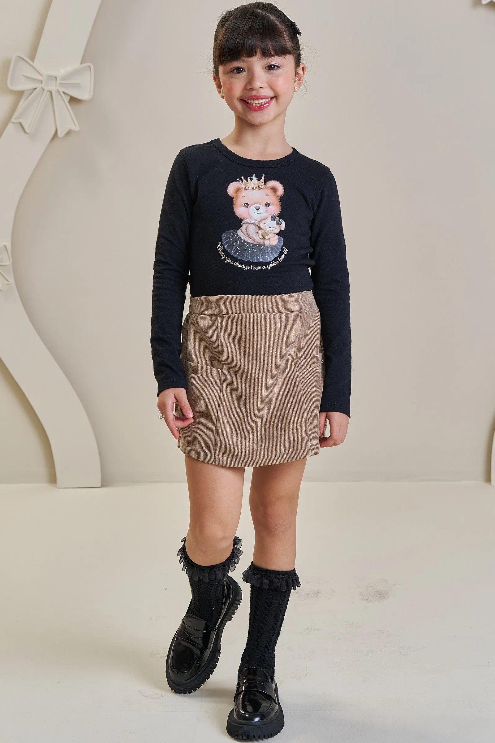 Conjunto de Blusa em Cotton e Short Saia em Veludo Cotelê Gold 93044 Infanti Infantil Menina