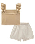 Conjunto de Blusa em Cotton e Shorts em Tecido Listrado Bordado 96665 Infanti Infantil Menina