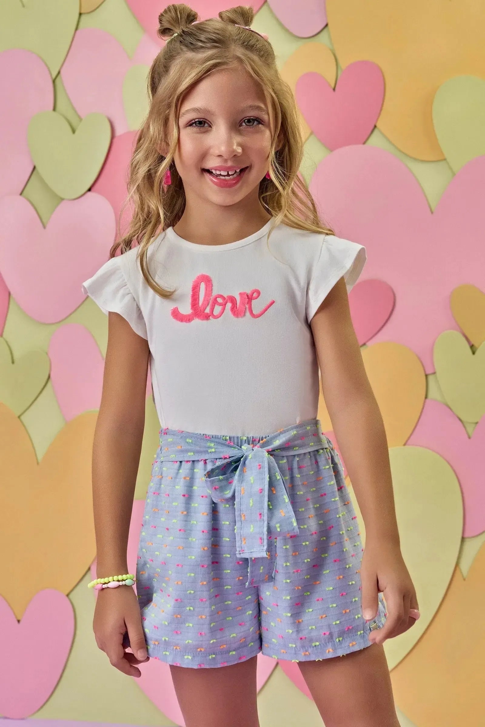 Conjunto de Blusa em Cotton e Shorts em Tricoline Neon Dots 86909 Infanti Infantil Menina