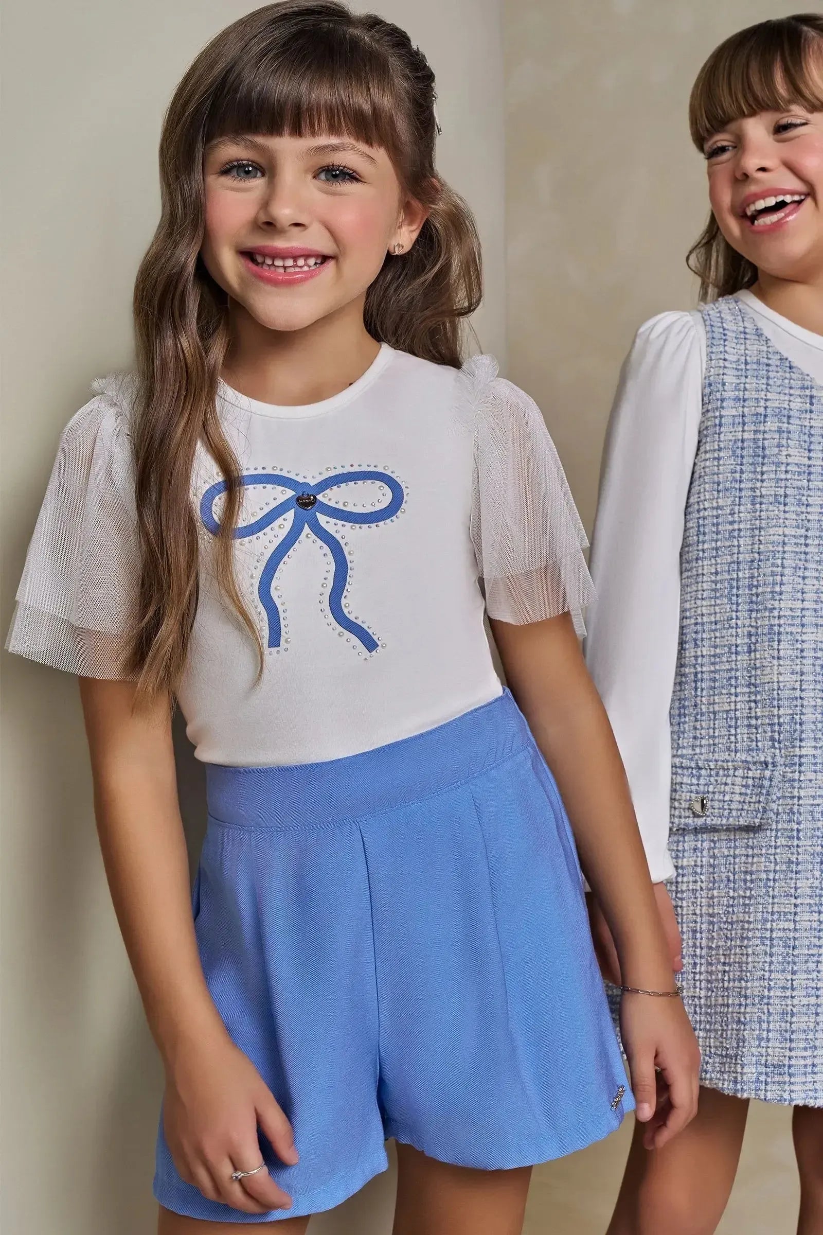 Conjunto de Blusa em Cotton e Tule e Shorts em Blend de Viscose 93231 Infanti Infantil Menina