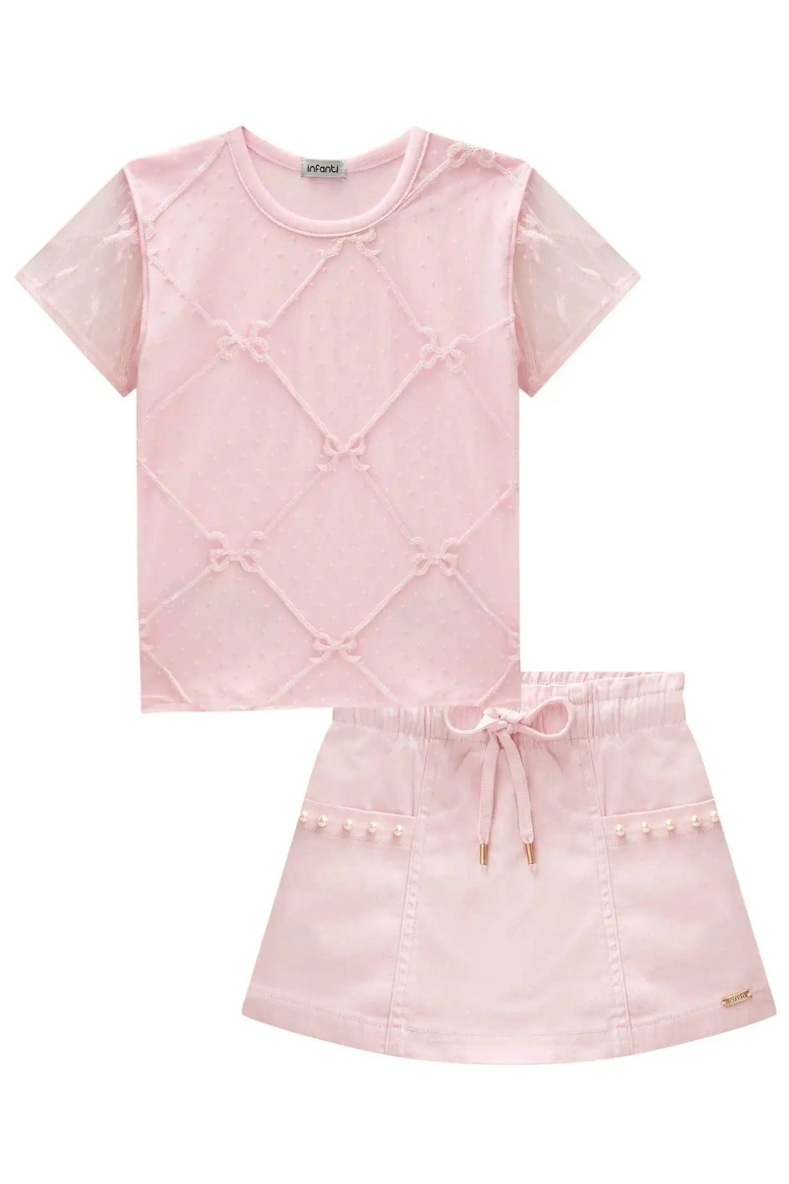 Conjunto de Blusa em Cotton e Tule Laços e Short Saia em Sarja com Elastano 84355 Infanti Infantil Menina