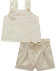 Conjunto de Blusa em Linho Bordado Folhas e Shorts em Sarja com Elastano 98670 Infanti Infantil Menina