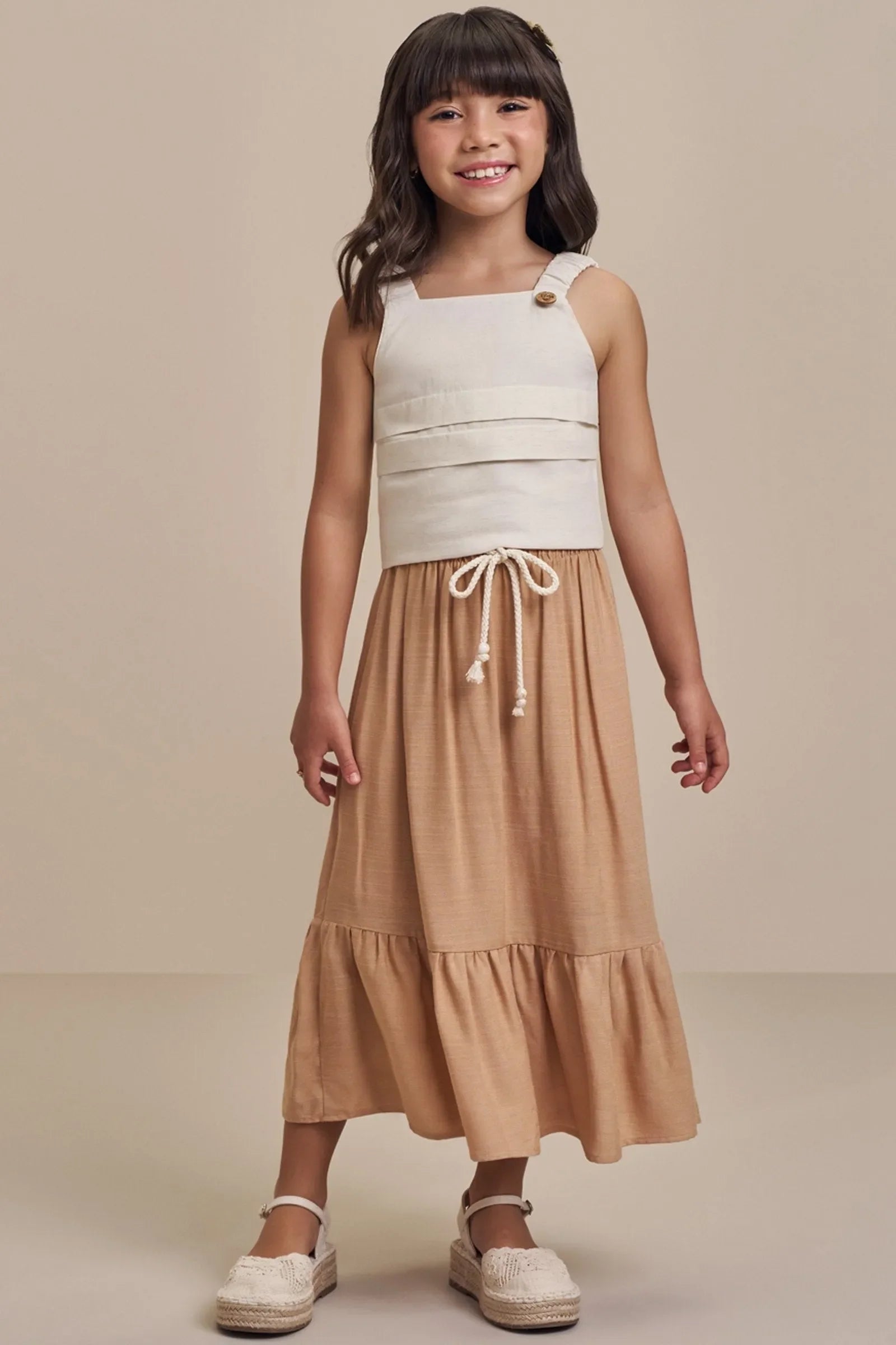 Conjunto de Blusa em Linho Deluxe com Saia Midi em Viscose 99162 Infanti Infantil Menina