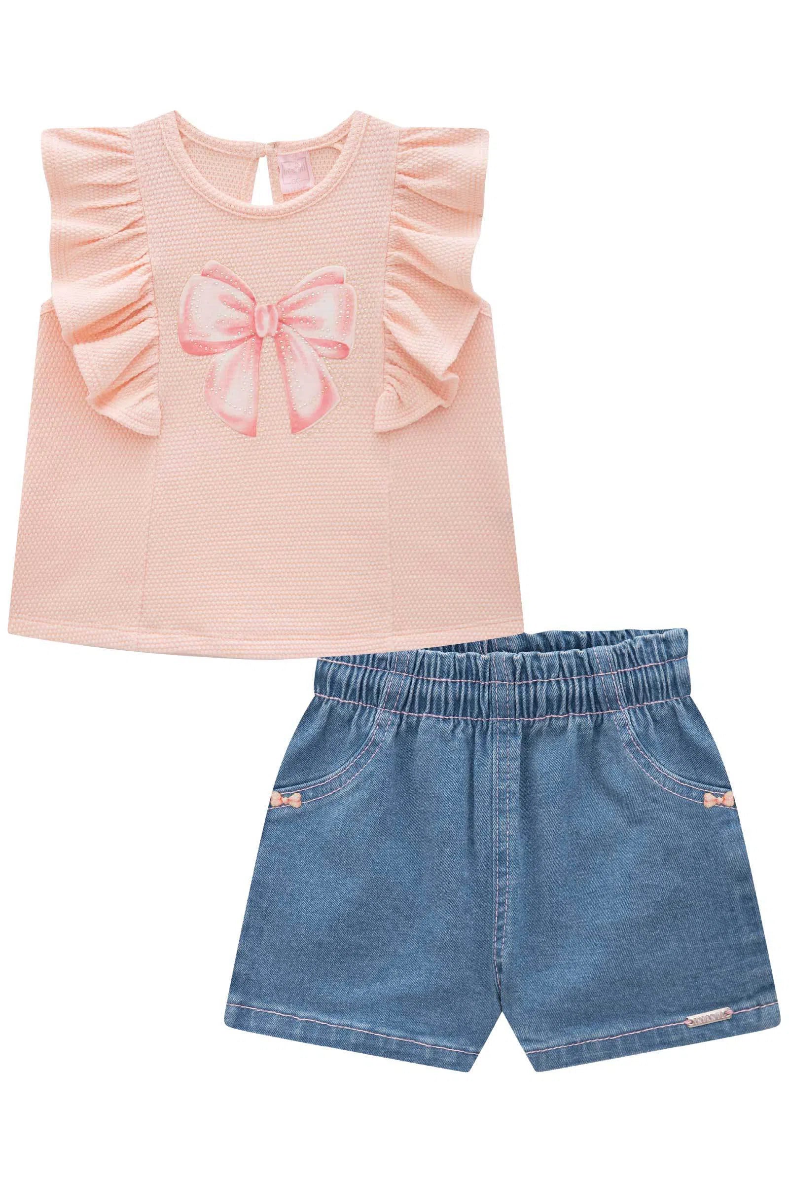 Conjunto de Blusa em Malha Bee com Shorts em Jeans com Elastano 81878 Infanti