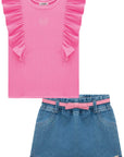 Conjunto de Blusa em Malha Capri com Short Saia em Jeans Bellini com Elastano 74906 Infanti