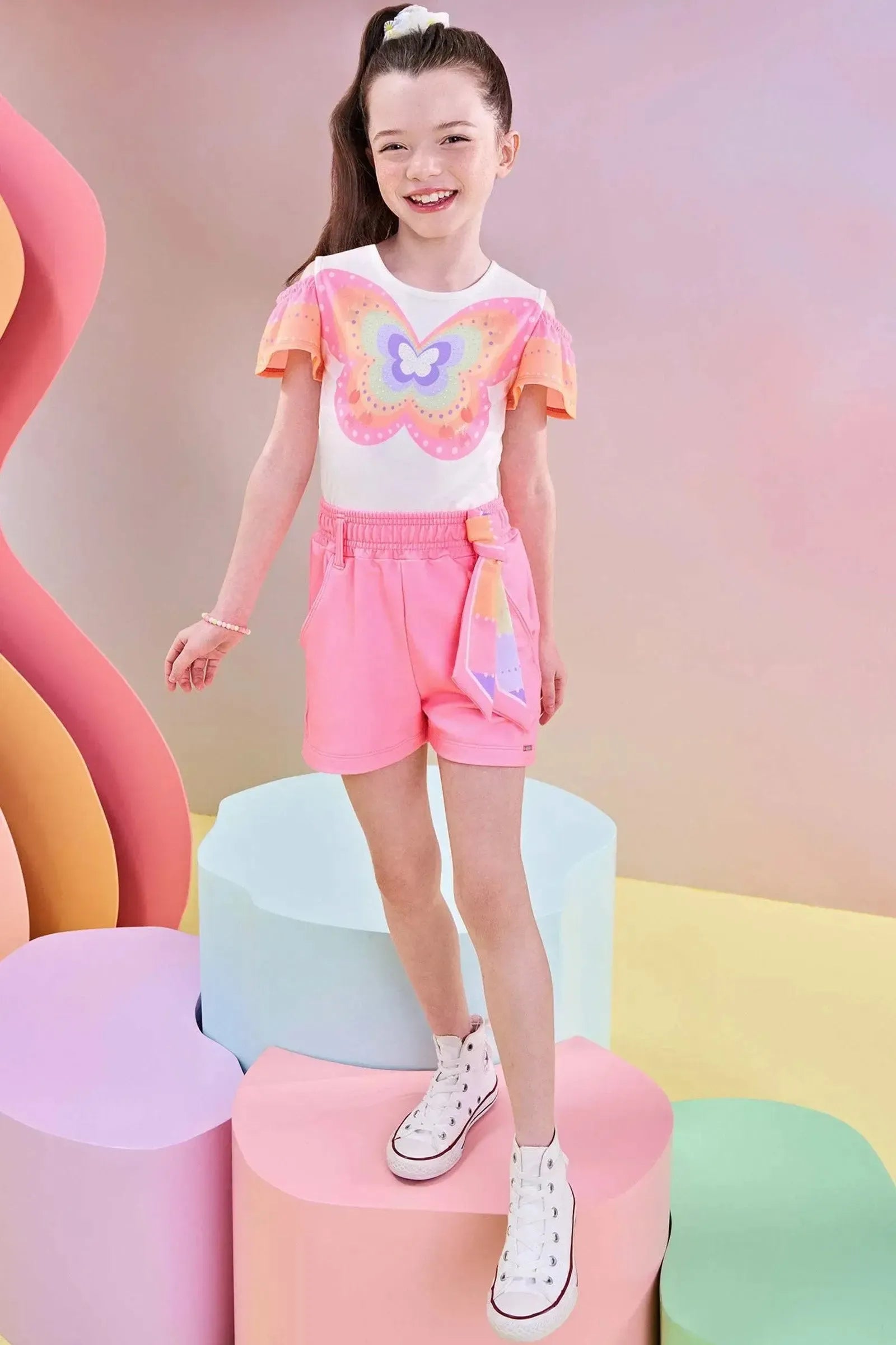 Conjunto de Blusa em Malha Power e Shorts em Moletom sem Pelúcia 83522 Infanti Infantil Menina