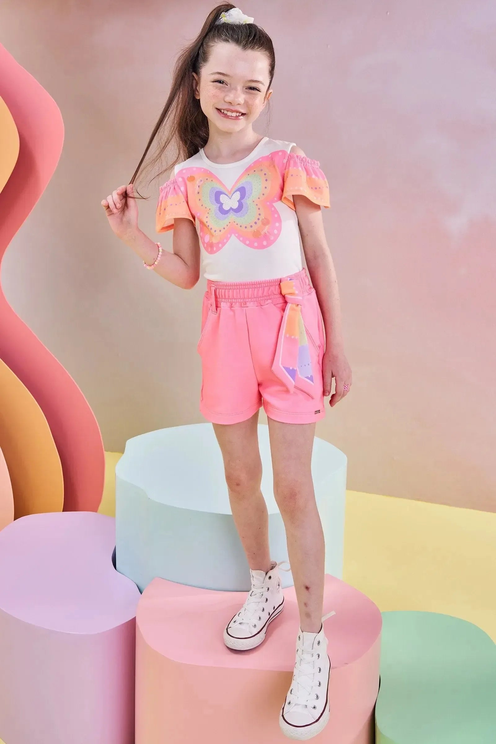 Conjunto de Blusa em Malha Power e Shorts em Moletom sem Pelúcia 83522 Infanti Infantil Menina