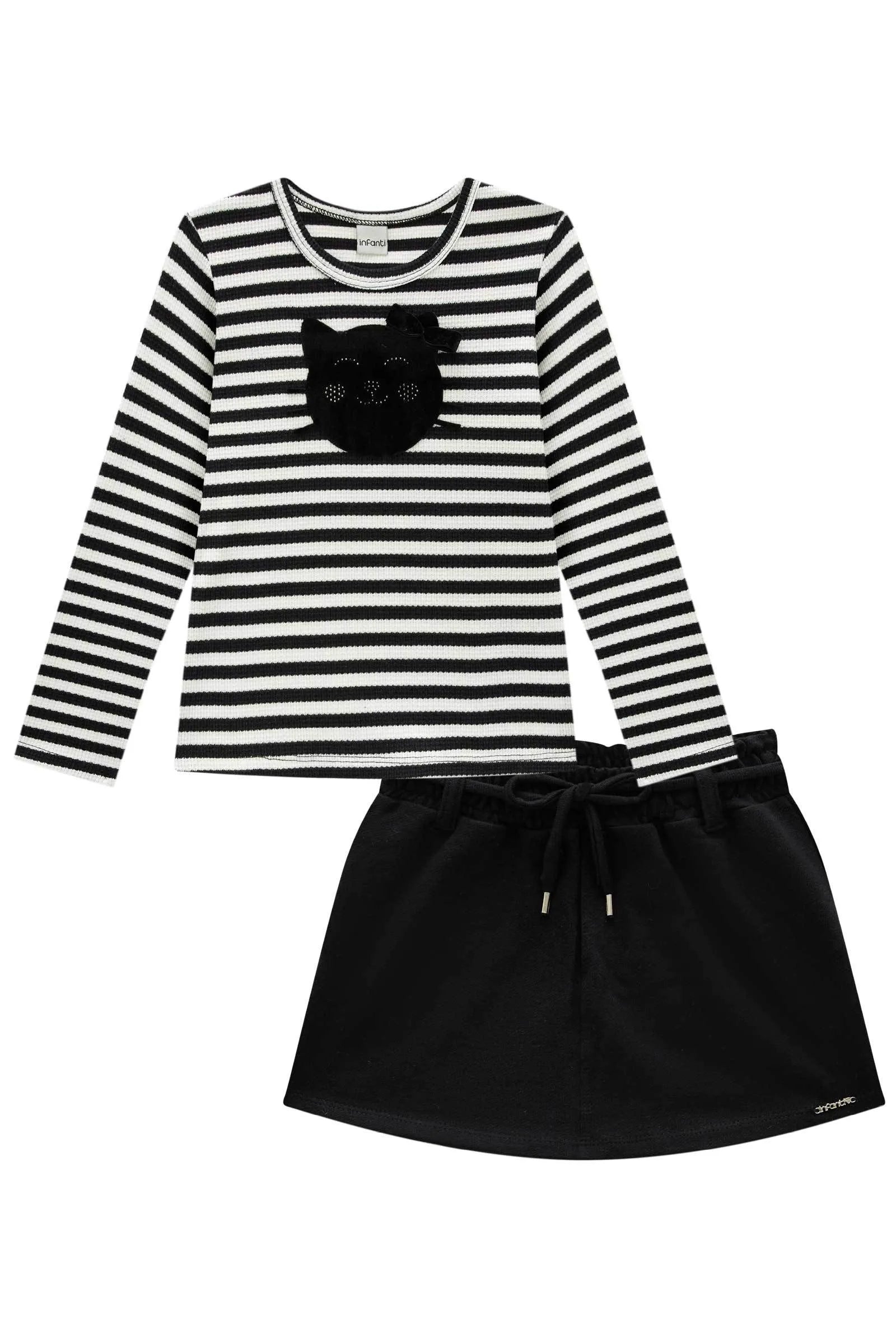 Conjunto de Blusa em Malha Waffle Listrado e Short Saia em Moletwill 92187 Infanti Infantil Menina