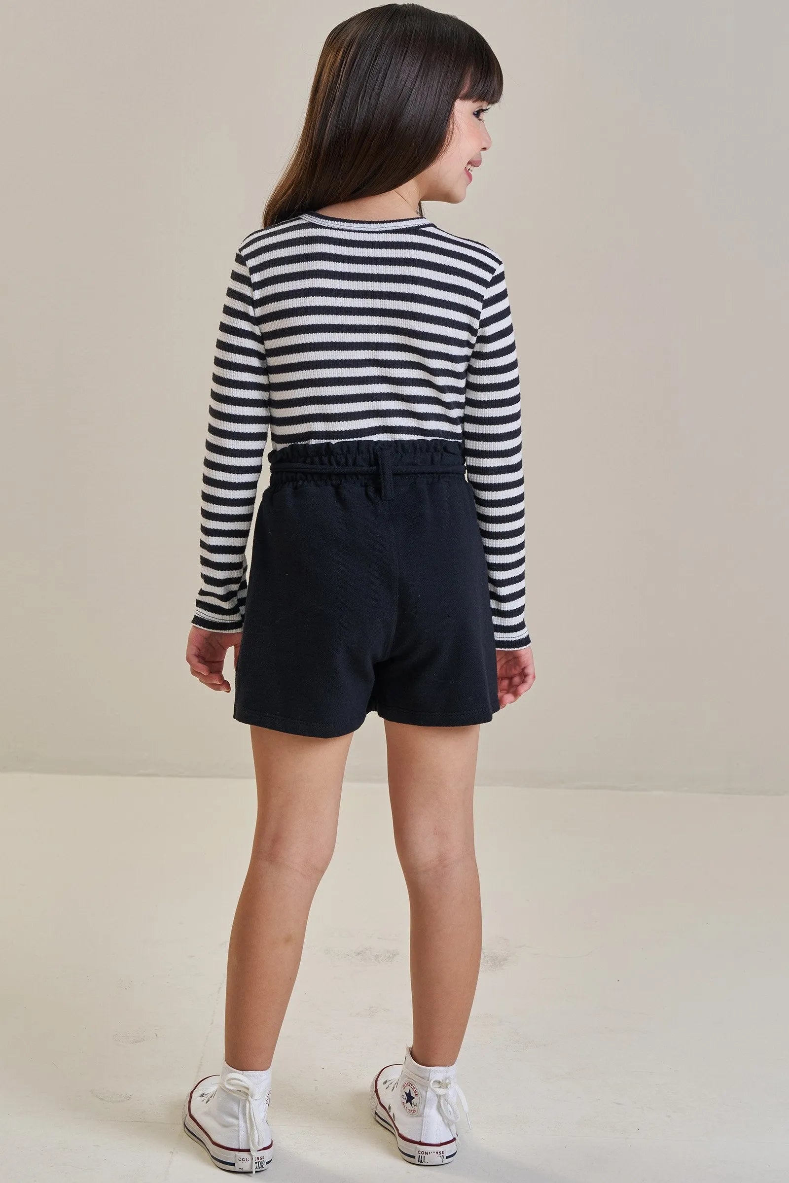 Conjunto de Blusa em Malha Waffle Listrado e Short Saia em Moletwill 92187 Infanti Infantil Menina