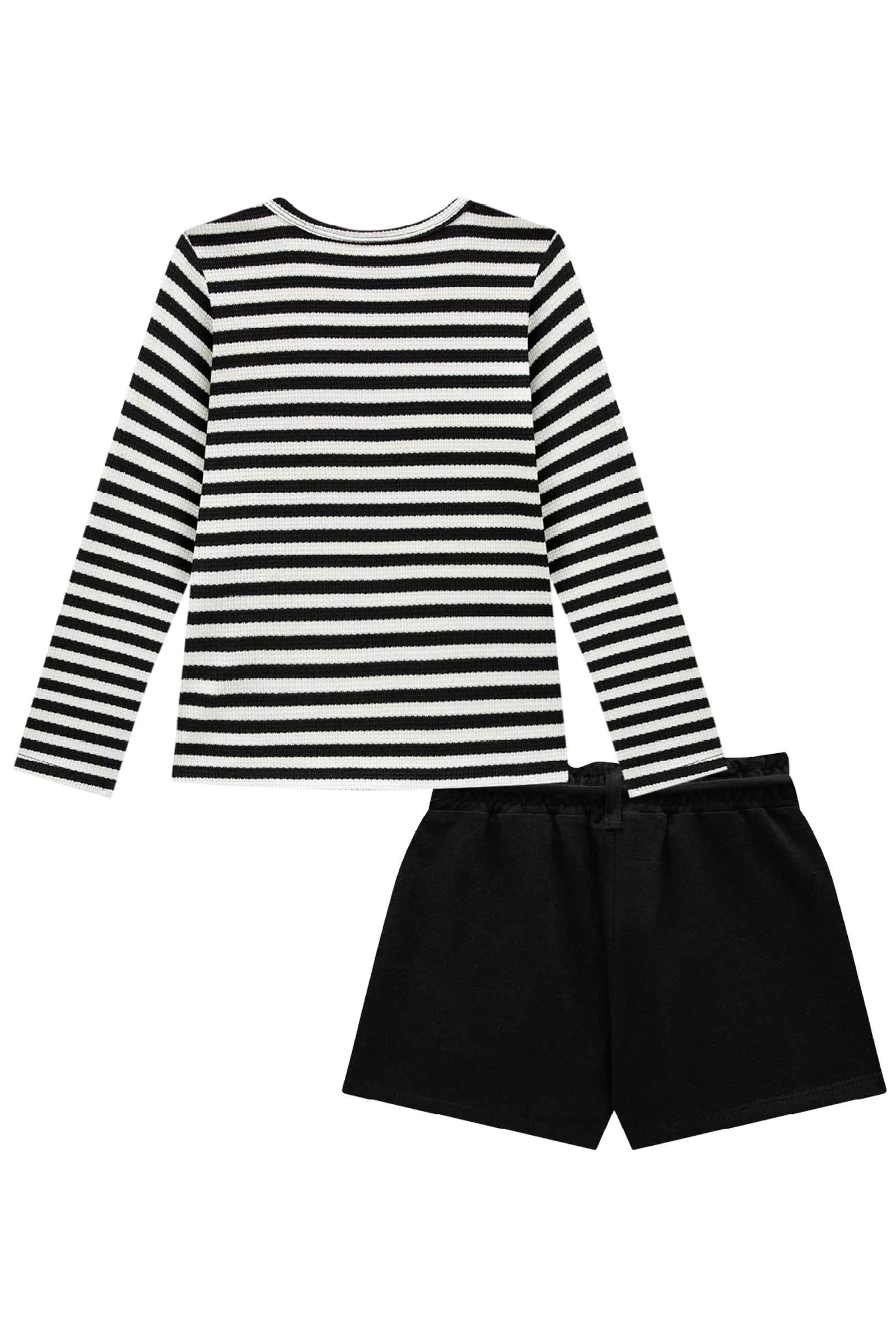 Conjunto de Blusa em Malha Waffle Listrado e Short Saia em Moletwill 92187 Infanti Infantil Menina