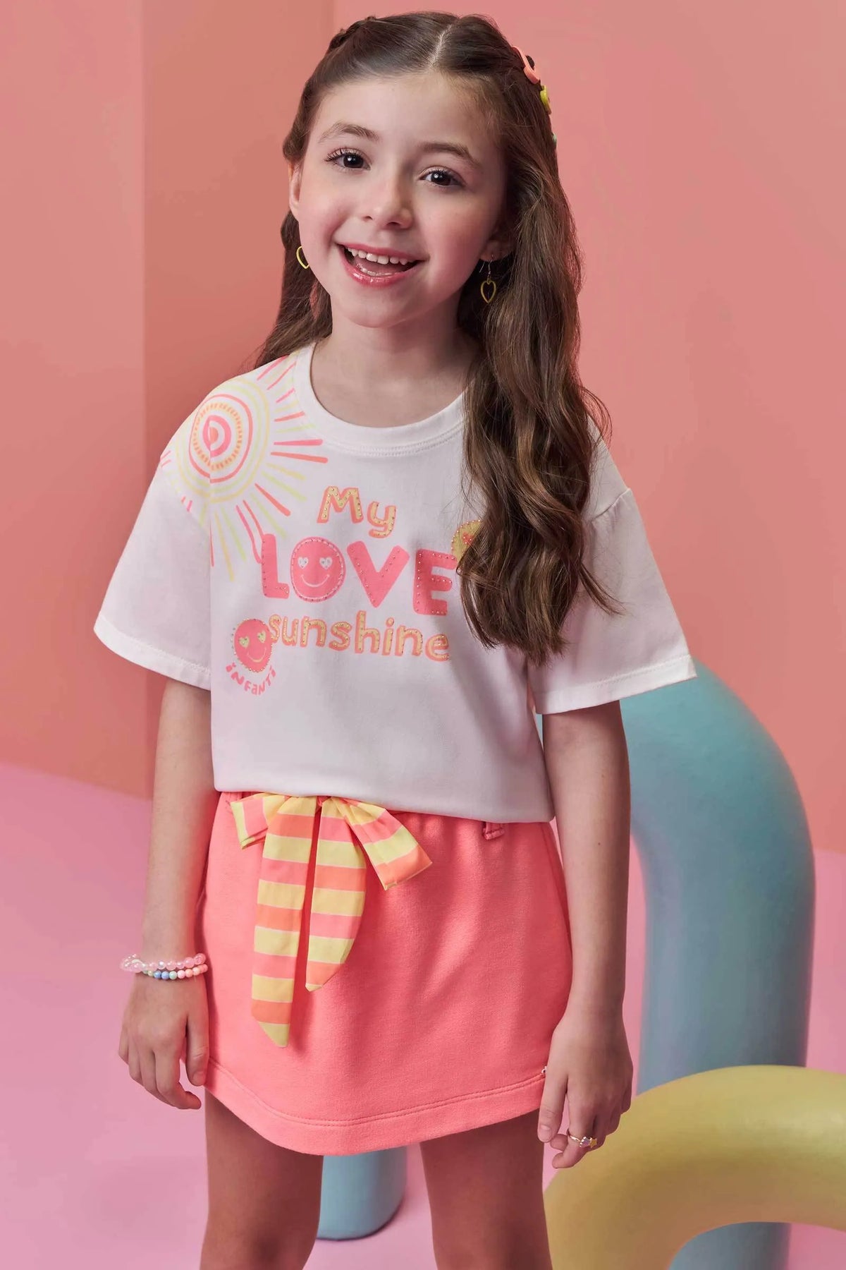 Conjunto de Blusa em Meia Malha com Short Saia em Moletom sem Pelúcia 99397 Infanti Infantil Menina