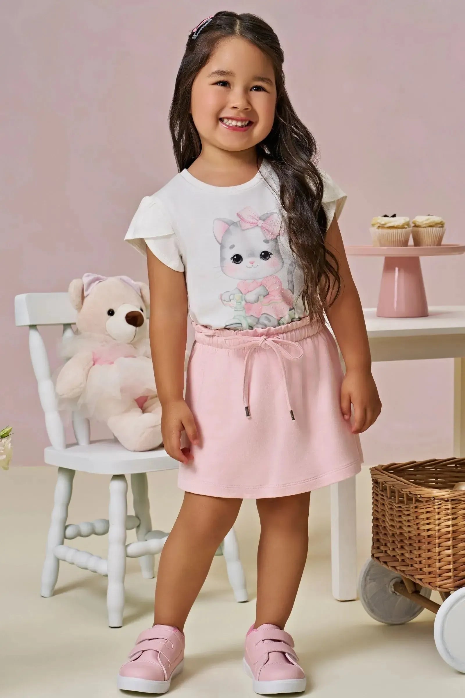 Conjunto de Blusa em Meia Malha com Short Saia em Molevisco 94659 Infanti Infantil Menina