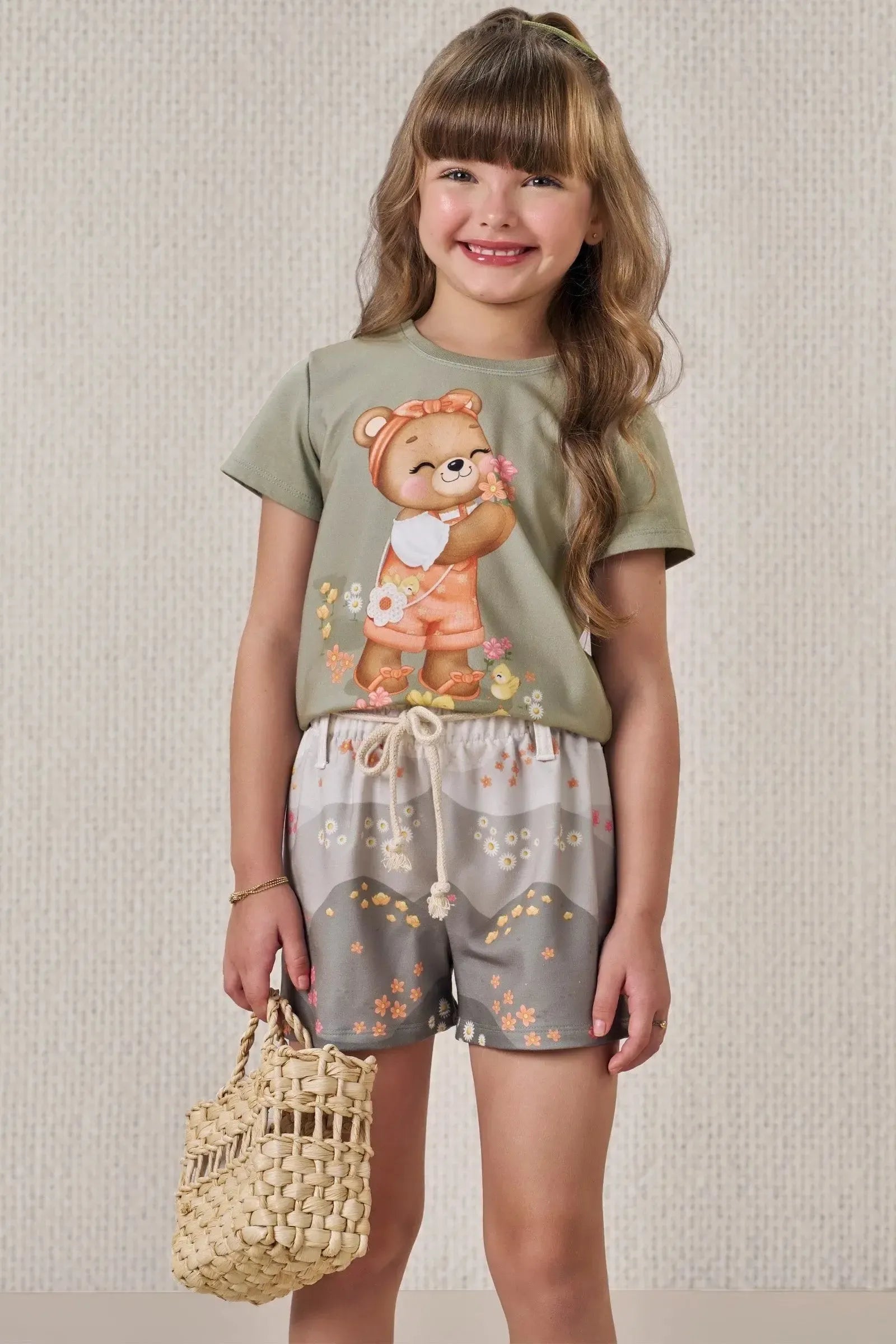 Conjunto de Blusa em Meia Malha com Shorts em Molecotton 86514 Infanti Infantil Menina