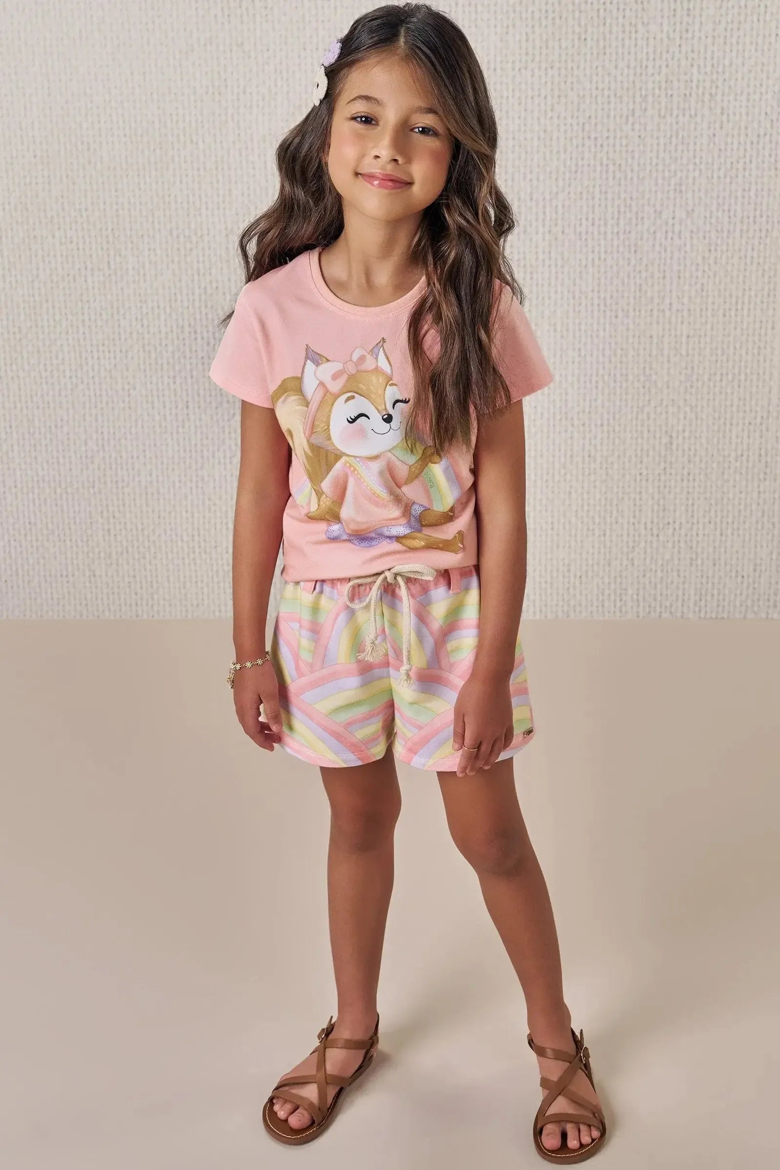 Conjunto de Blusa em Meia Malha com Shorts em Molecotton 88629 Infanti Infantil Menina