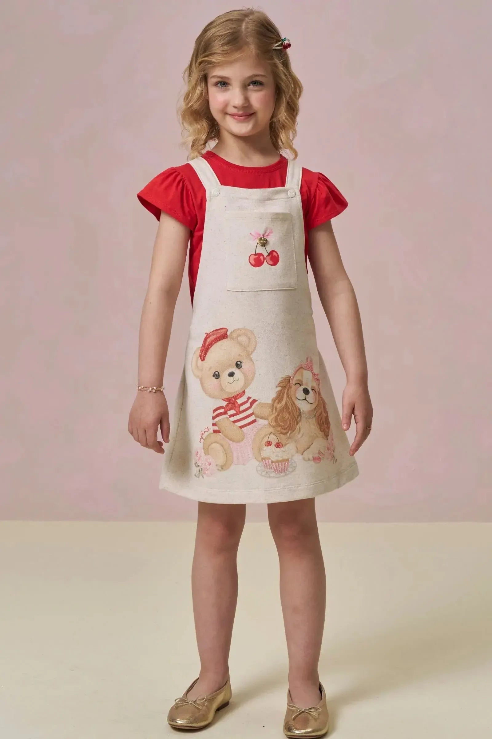 Conjunto de Blusa em Meia Malha e Salopete em Moletom Linho sem Pelúcia 97027 Infanti Infantil Menina