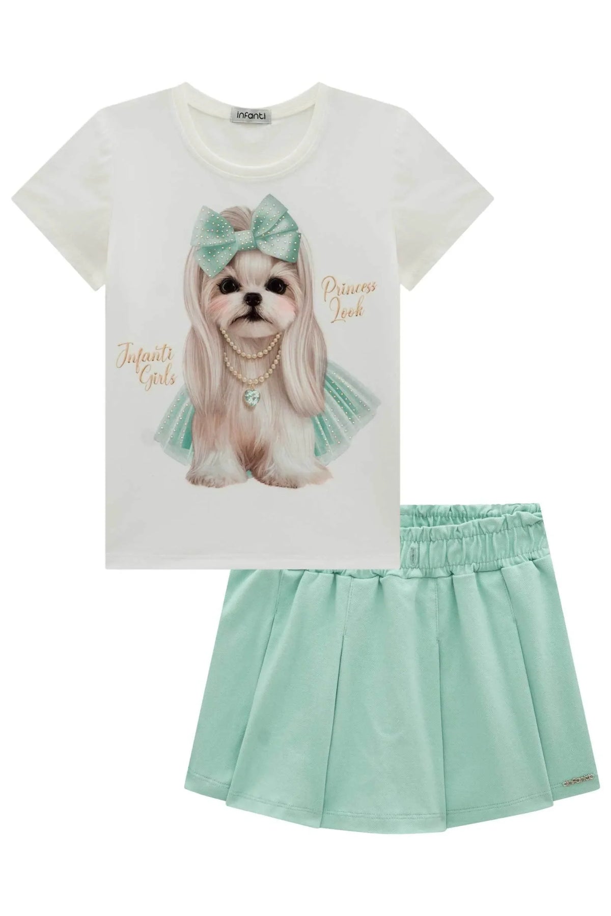 Conjunto de Blusa em Meia Malha e Short Saia em Piquet 99126 Infanti Infantil Menina